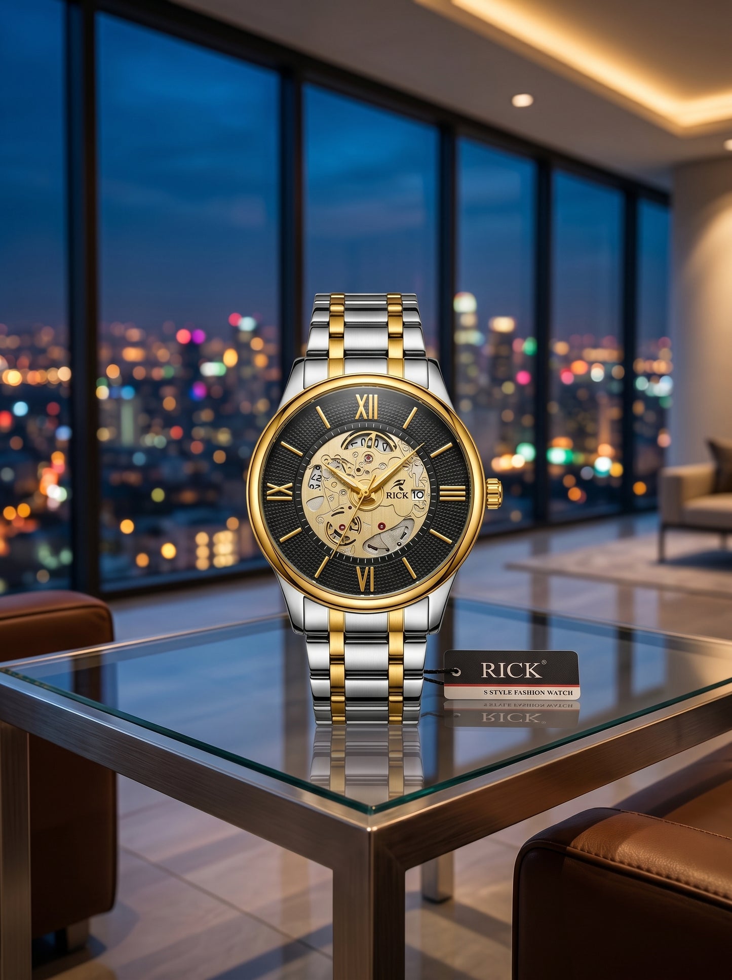 Rick Luxury Skeleton Two-Tone Stainless Steel Watch – Premium Open Dial Luxury Timepiece