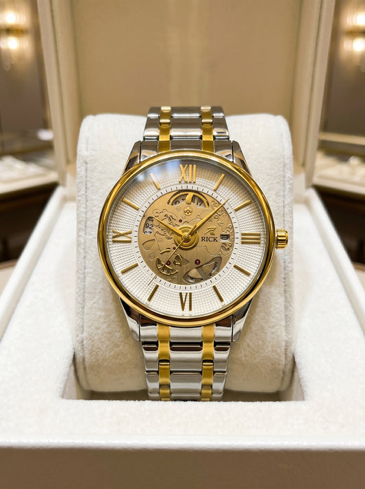 Rick Luxury Skeleton Two-Tone Stainless Steel Watch – Premium White Open Dial Luxury Timepiece