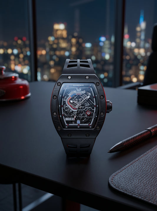 Florence RM50 Skeleton Luxury Sports Watch – Premium Black Edition with Interchangeable Straps