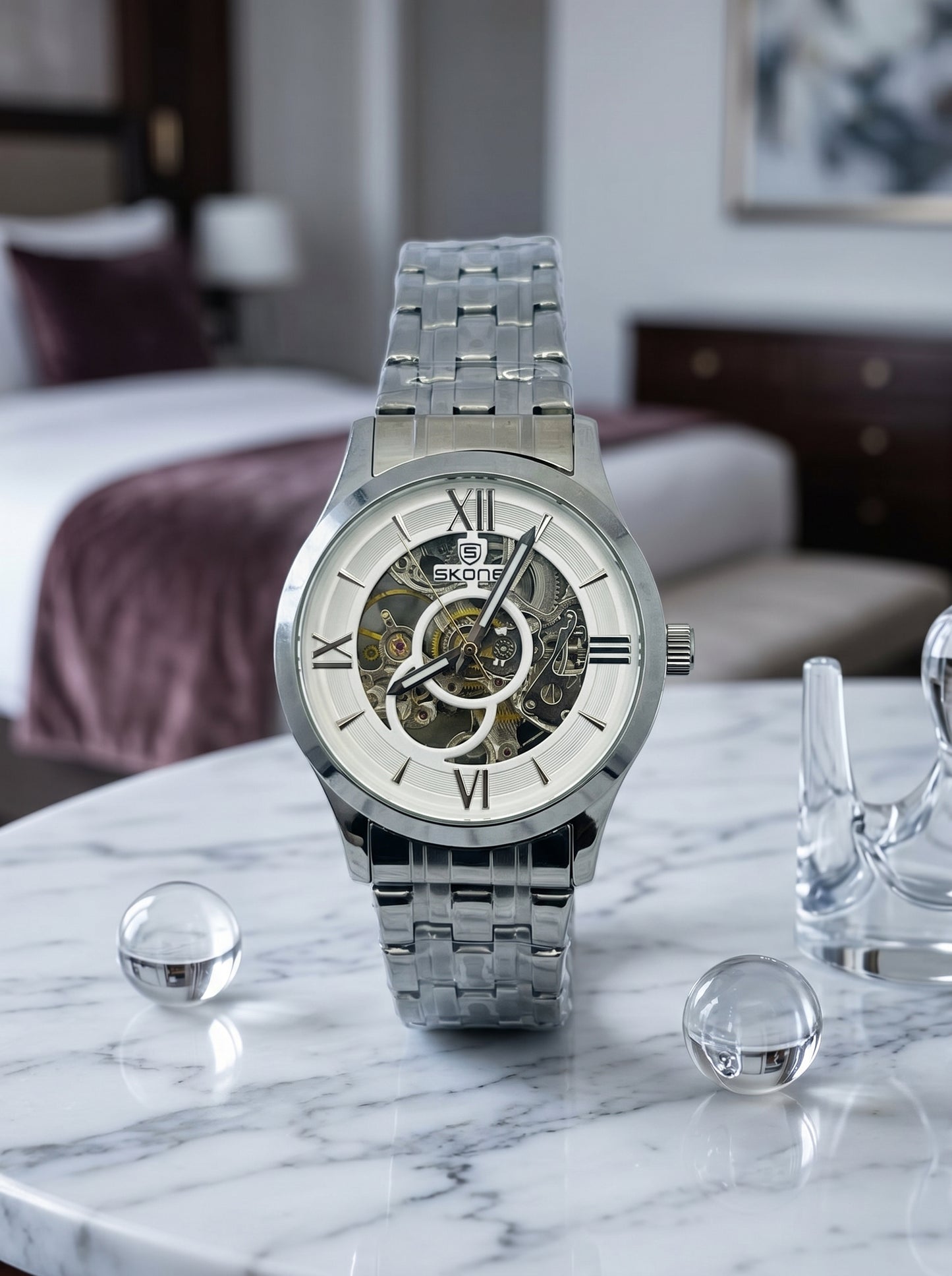 Skone Silver Skeleton Luxury Watch – Premium Stainless Steel Open Dial Timepiece