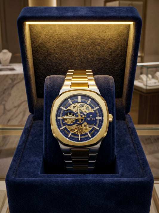 Cillex Royal Blue Skeleton Luxury Watch – Gold & Silver Edition