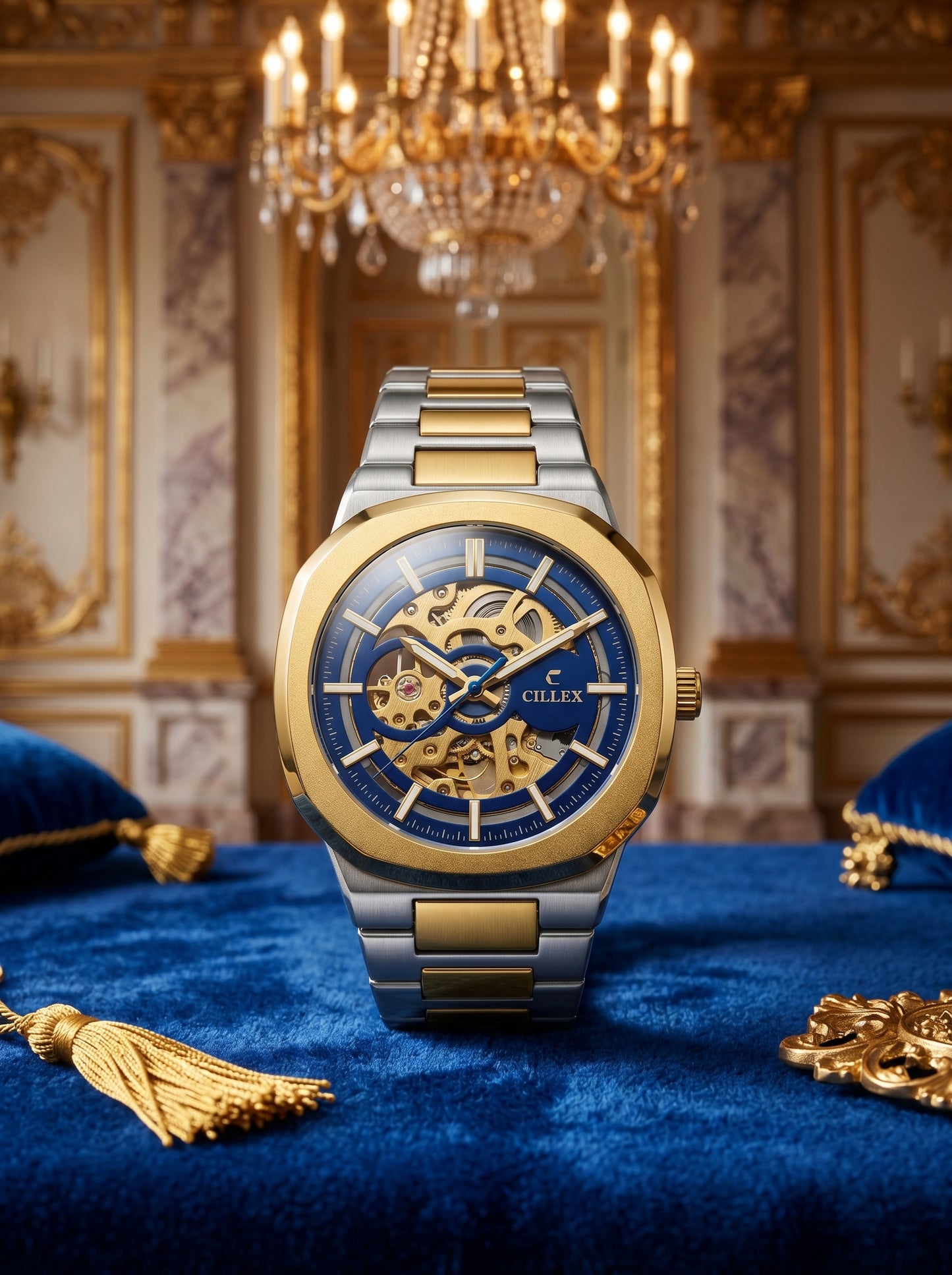 Cillex Royal Blue Skeleton Luxury Watch – Gold & Silver Edition