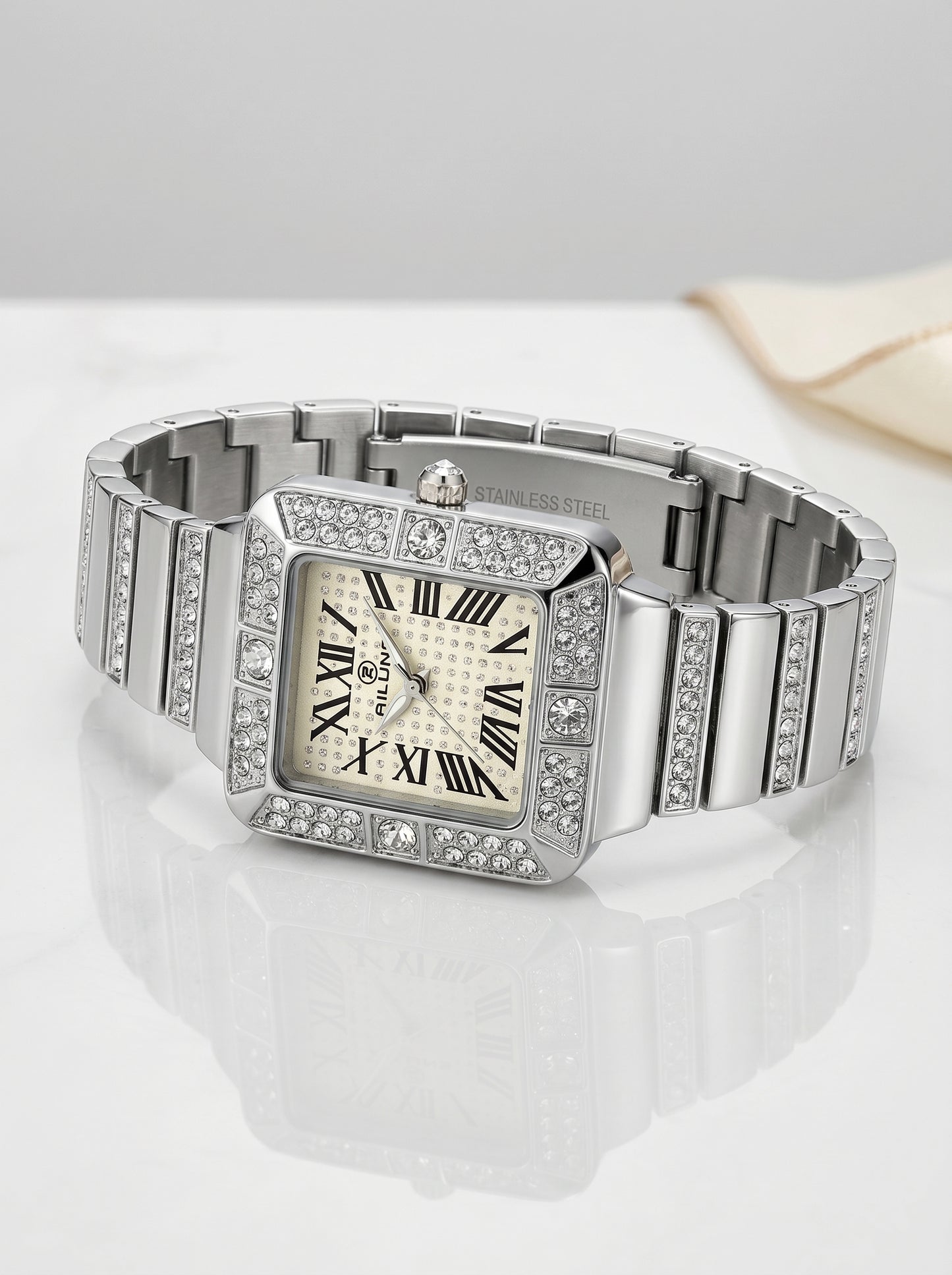 Luxury Silver Diamond Square Dial Women Watch