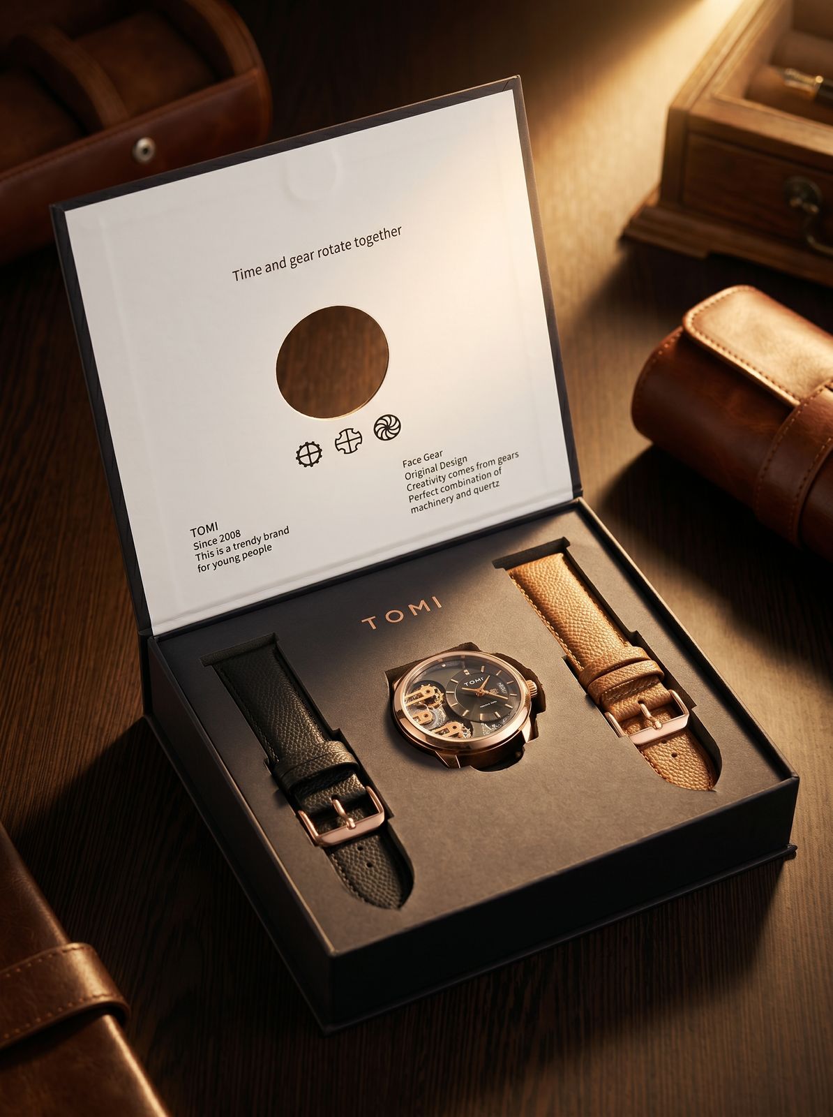TOMI Face Gear Rose Gold Skeleton Watch