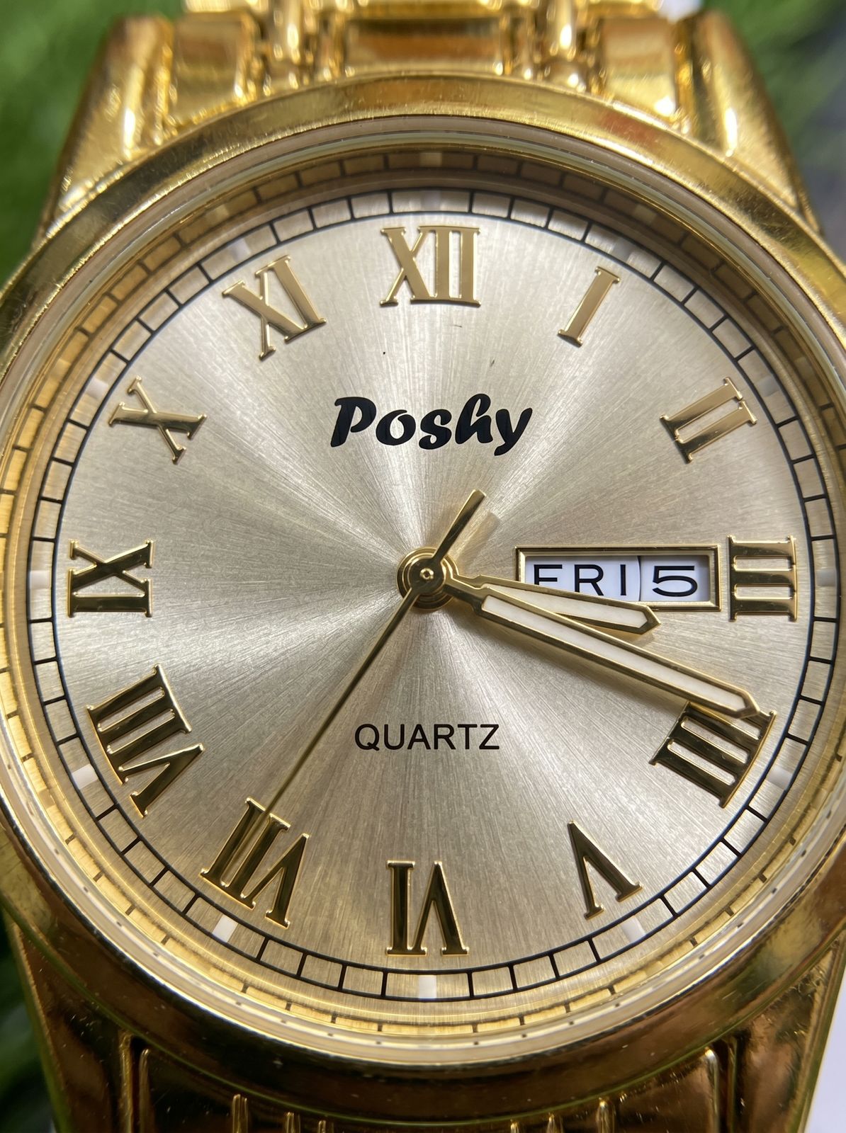 Poshi Gold-Tone Roman Numeral Quartz Analog Watch with Day-Date Display