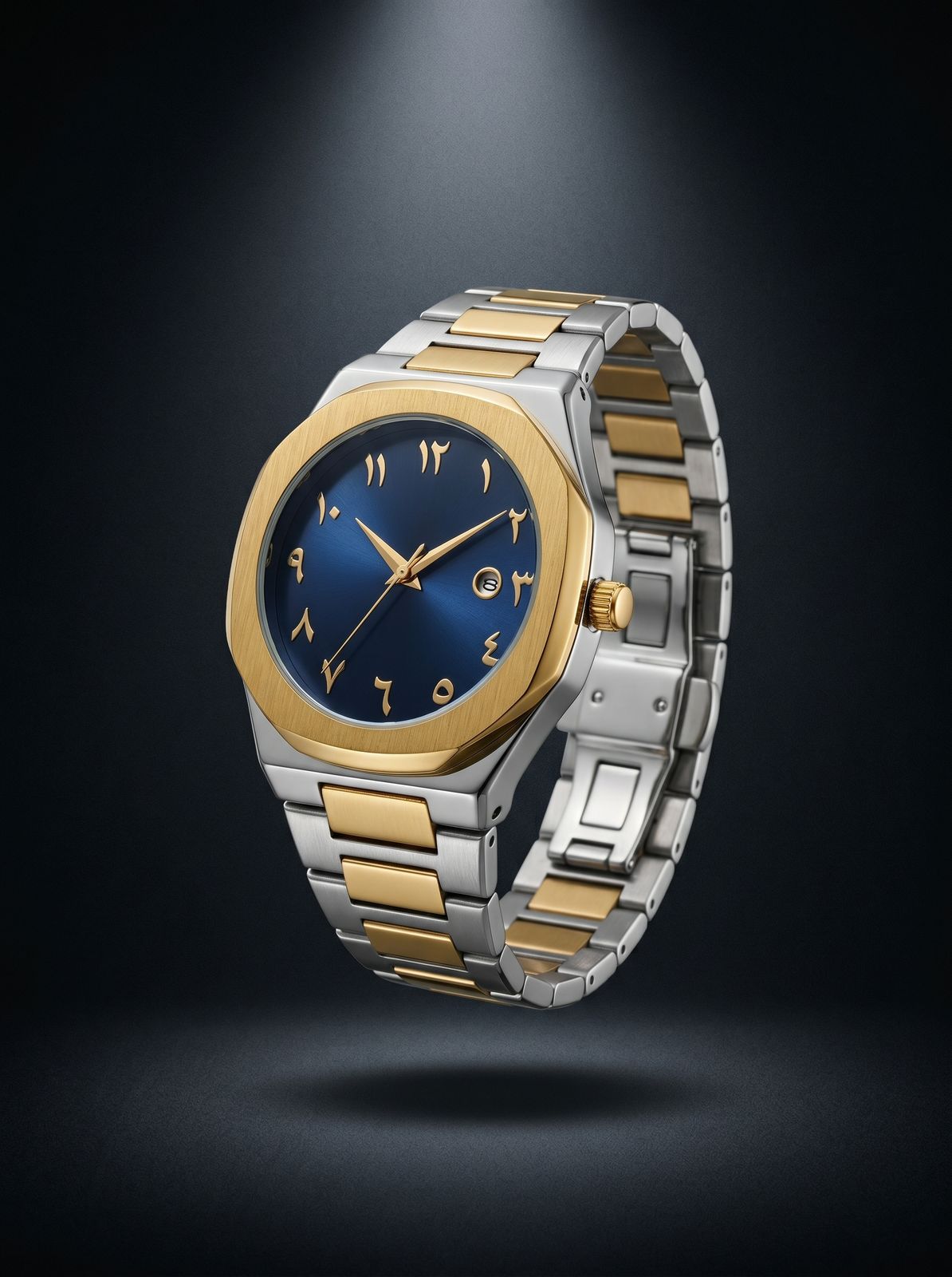 Elegant Two-Tone Gold & Silver Modern Watch with Blue Dial