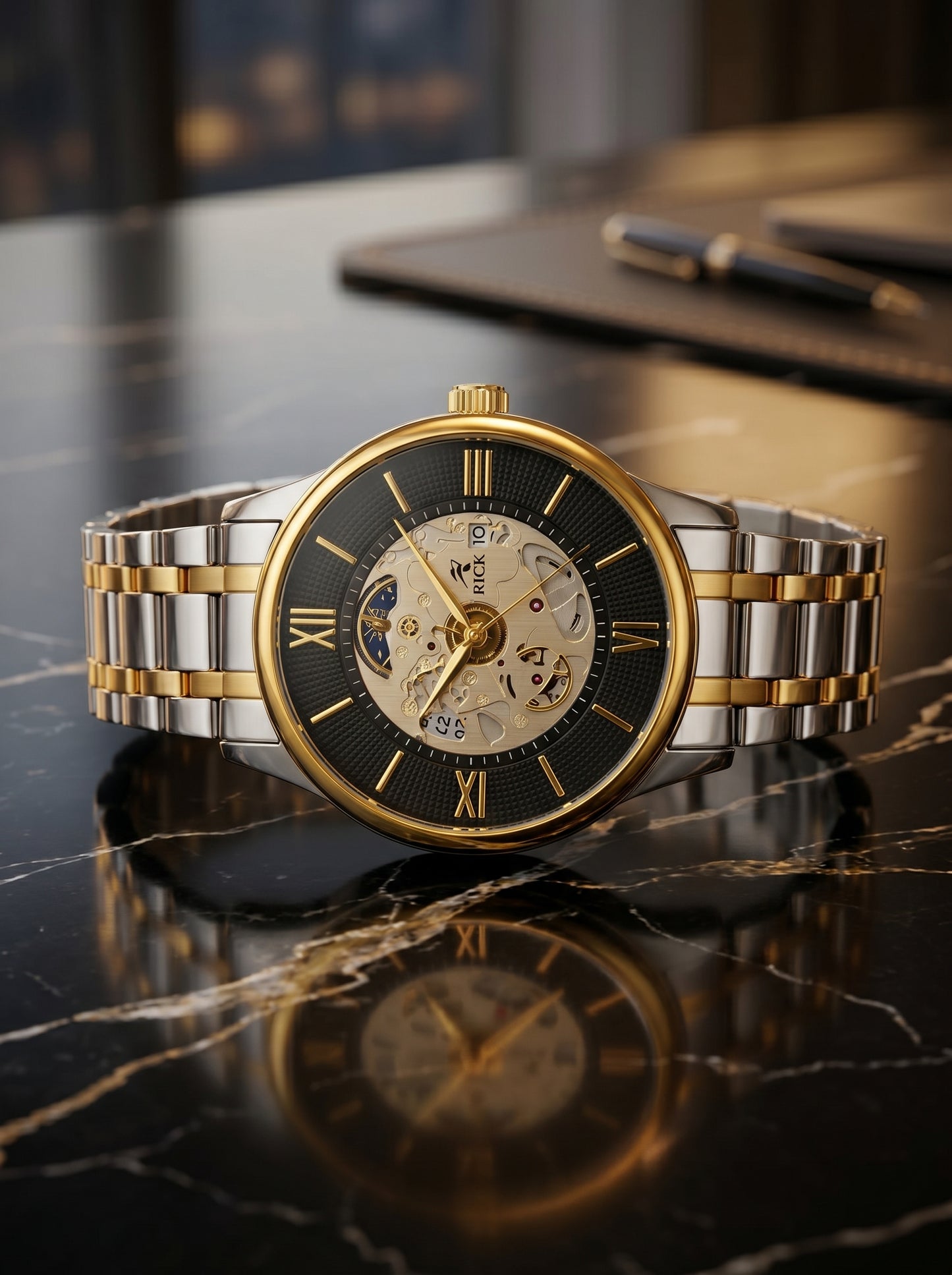 Rick Luxury Skeleton Two-Tone Stainless Steel Watch – Premium Open Dial Luxury Timepiece