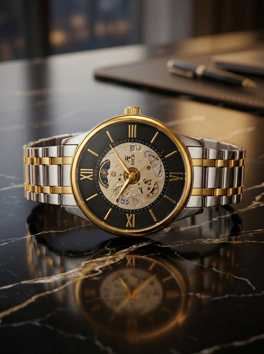 Rick Luxury Skeleton Two-Tone Stainless Steel Watch – Premium Open Dial Luxury Timepiece