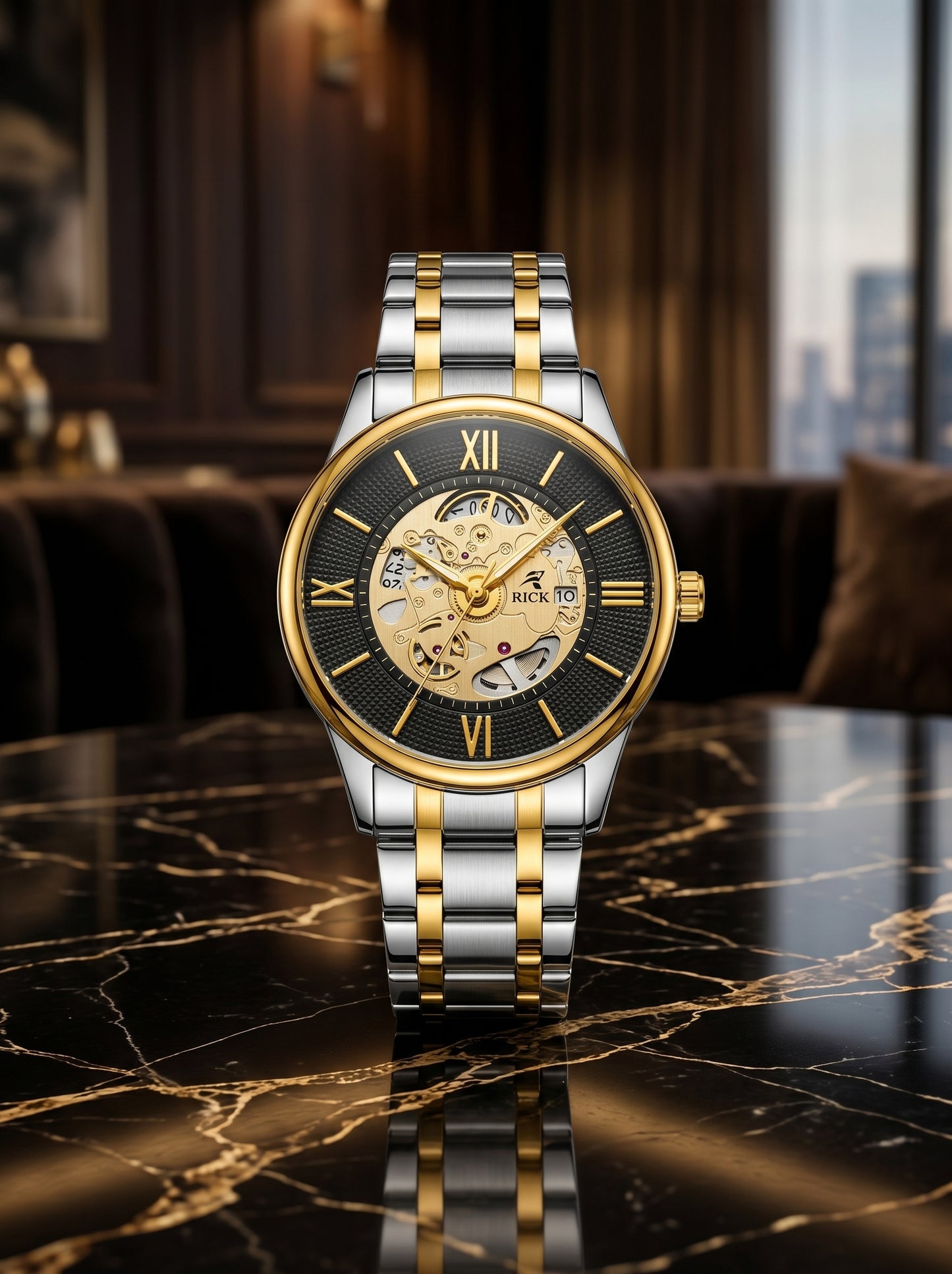 Rick Luxury Skeleton Two-Tone Stainless Steel Watch – Premium Open Dial Luxury Timepiece
