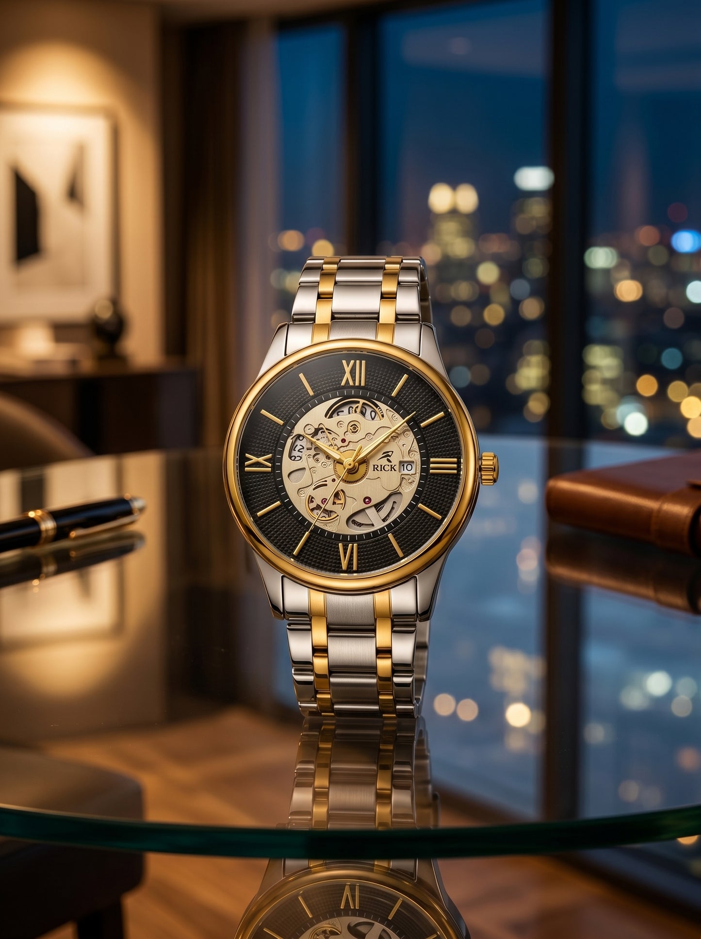 Rick Luxury Skeleton Two-Tone Stainless Steel Watch – Premium Open Dial Luxury Timepiece