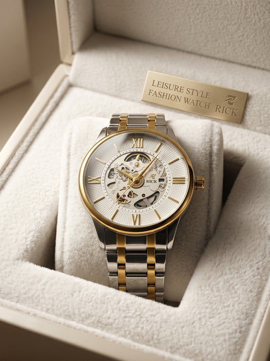 Rick Luxury Skeleton Two-Tone Stainless Steel Watch – Premium White Open Dial Luxury Timepiece