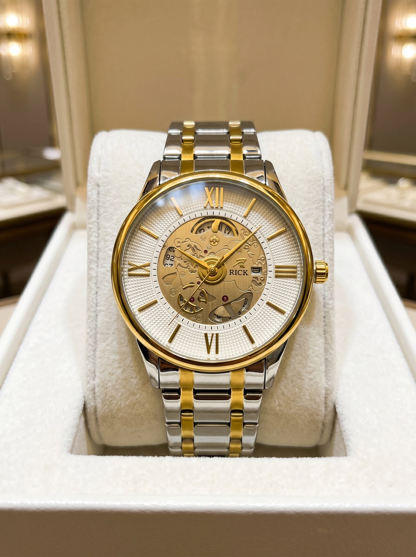 Rick Luxury Skeleton Two-Tone Stainless Steel Watch – Premium White Open Dial Luxury Timepiece