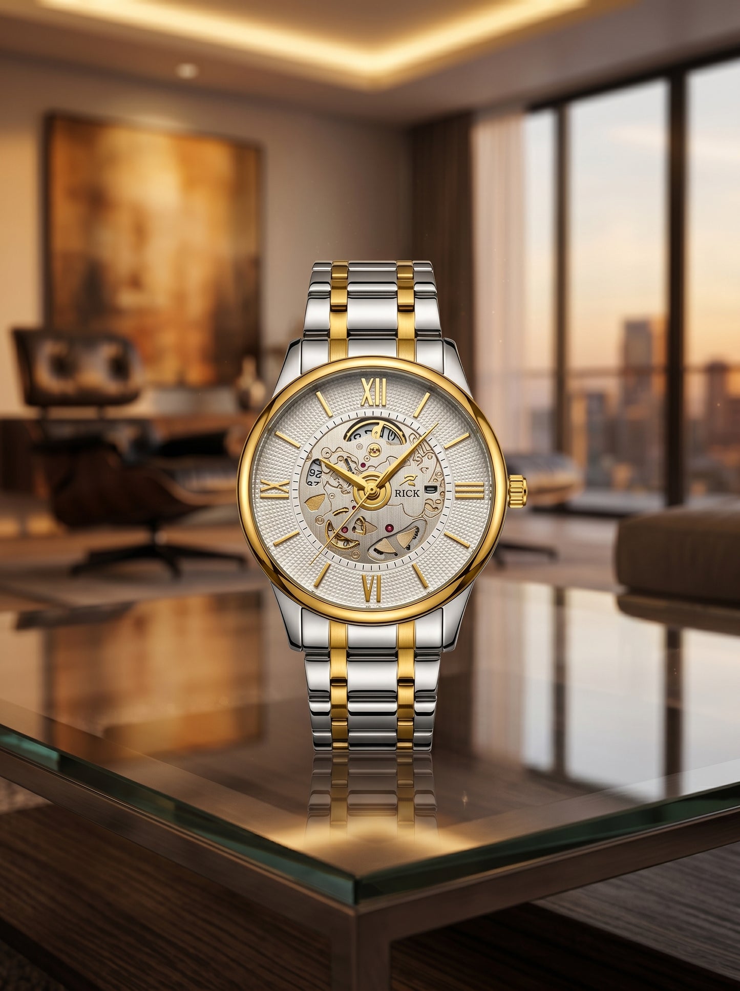 Rick Luxury Skeleton Two-Tone Stainless Steel Watch – Premium White Open Dial Luxury Timepiece