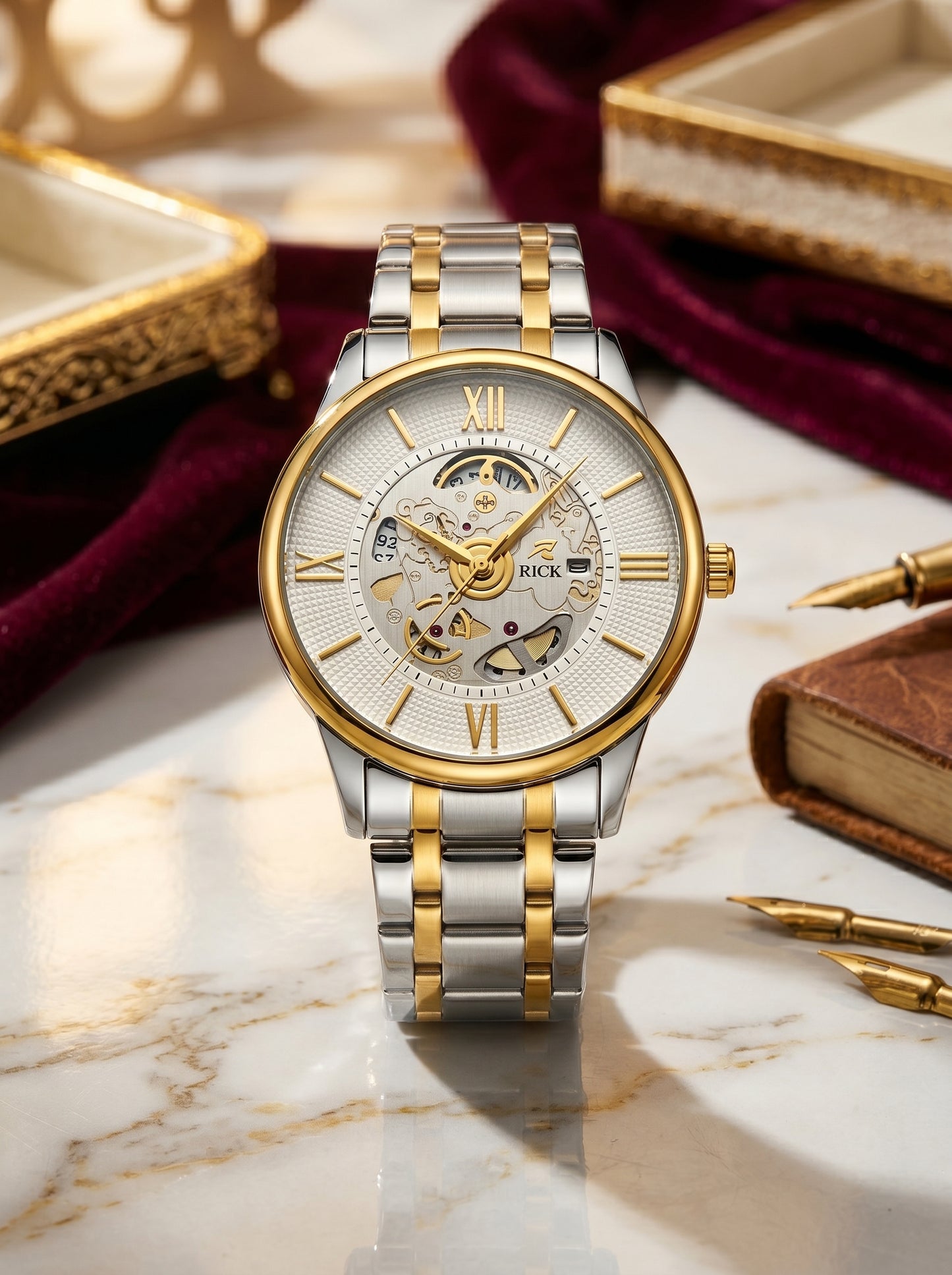 Rick Luxury Skeleton Two-Tone Stainless Steel Watch – Premium White Open Dial Luxury Timepiece