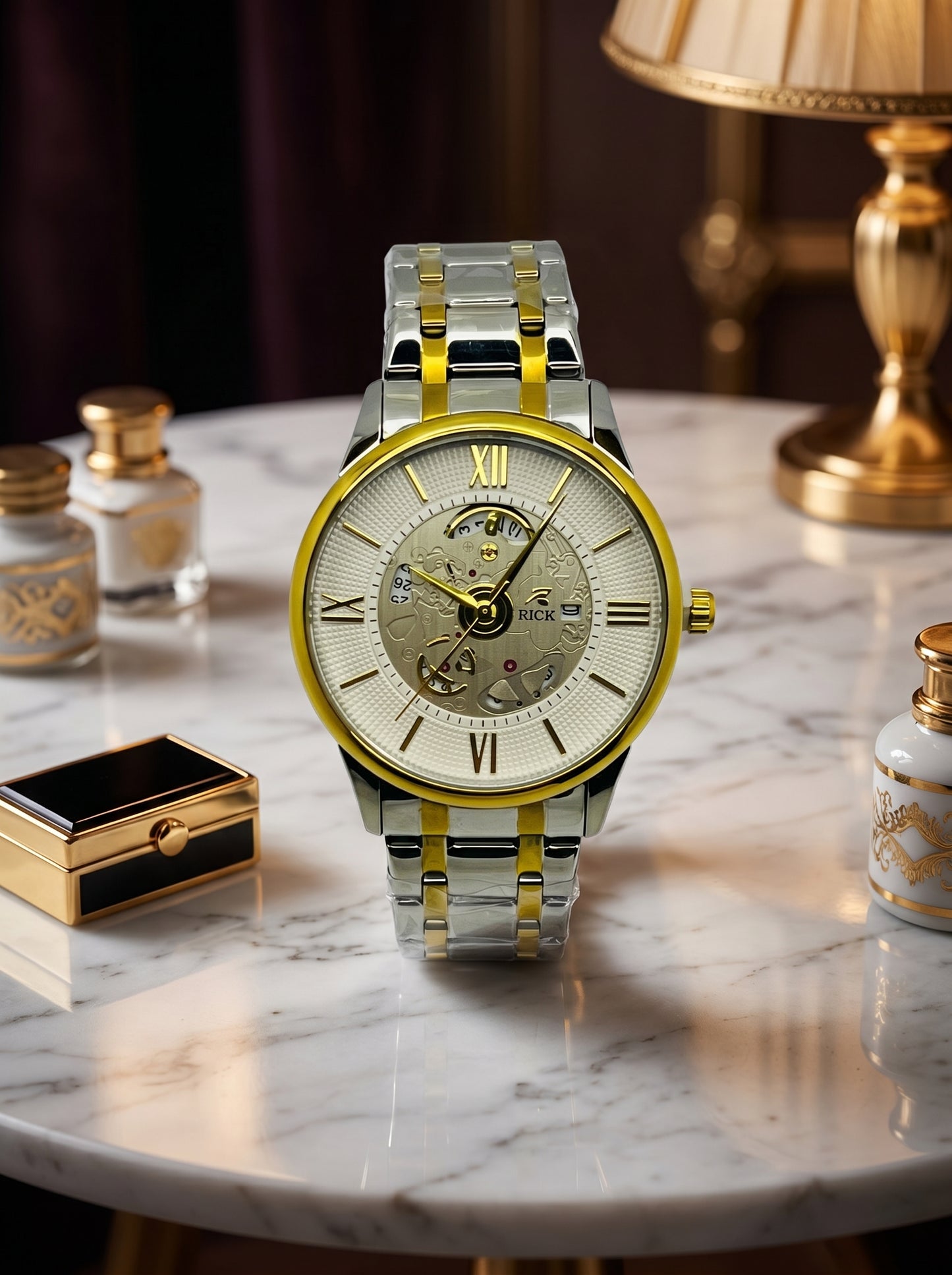 Rick Luxury Skeleton Two-Tone Stainless Steel Watch – Premium White Open Dial Luxury Timepiece
