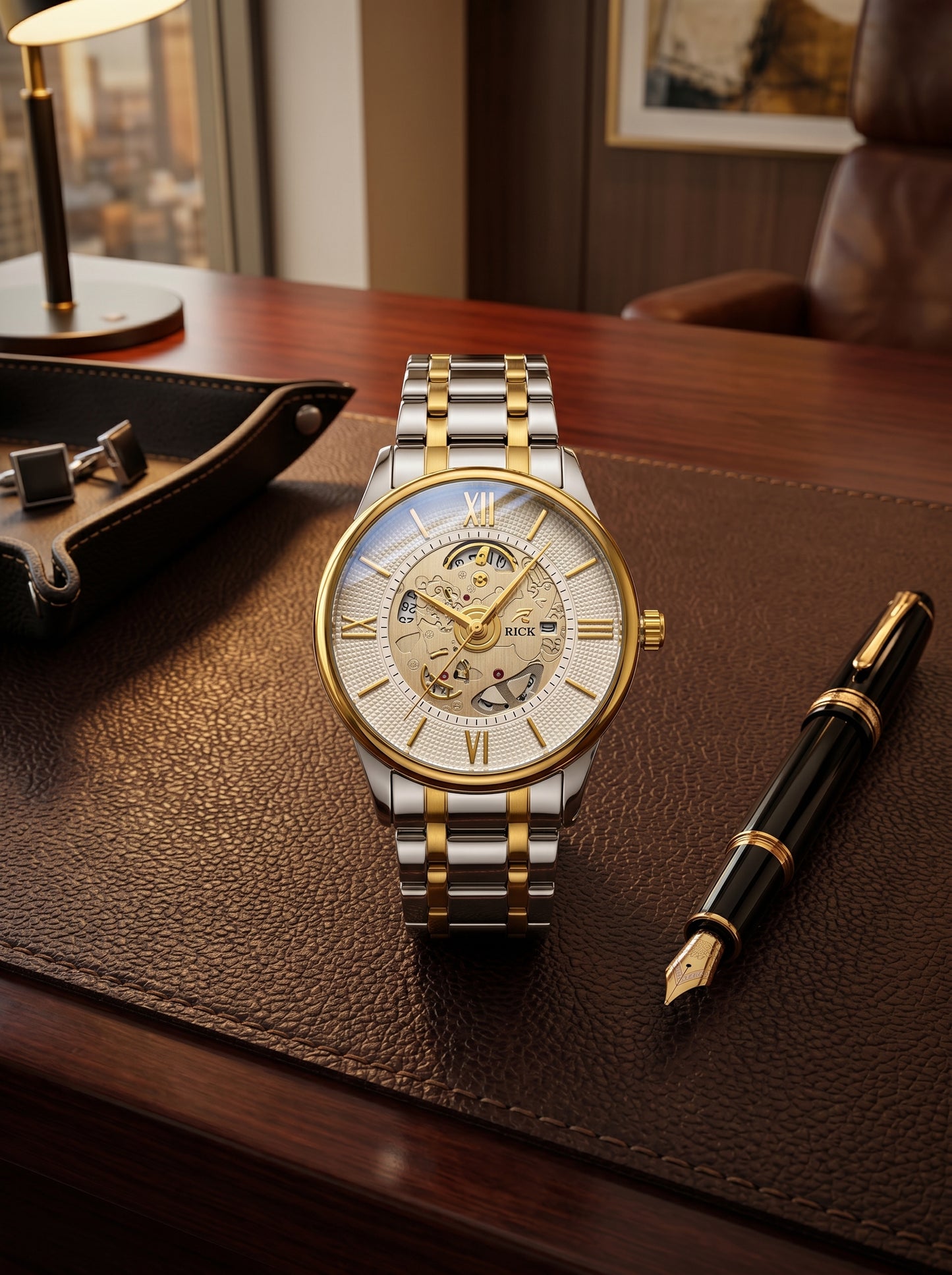 Rick Luxury Skeleton Two-Tone Stainless Steel Watch – Premium White Open Dial Luxury Timepiece