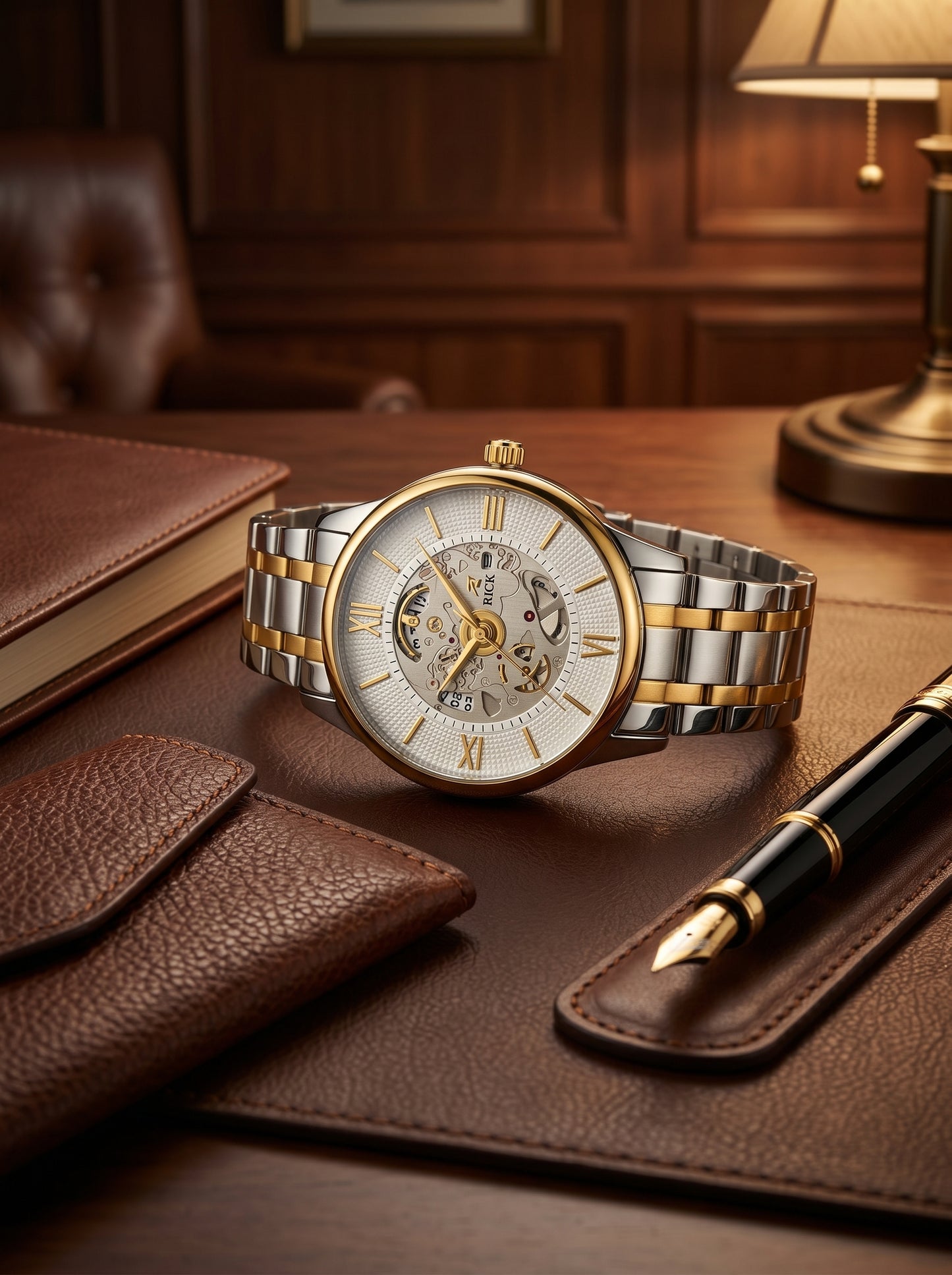 Rick Luxury Skeleton Two-Tone Stainless Steel Watch – Premium White Open Dial Luxury Timepiece