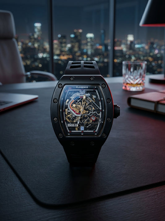 Florence RM50 Skeleton Luxury Sports Watch – Premium Black Edition with Interchangeable Straps