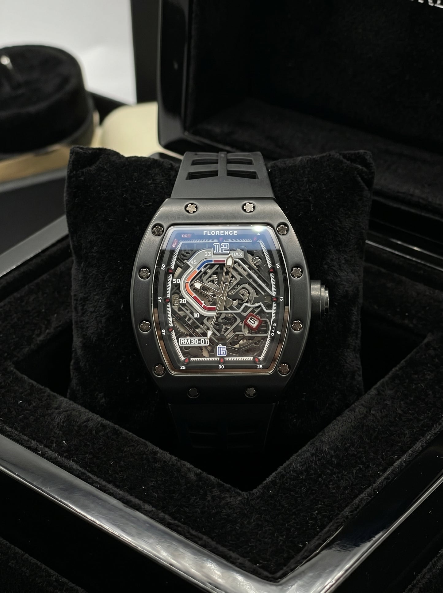 Florence RM50 Skeleton Luxury Sports Watch – Premium Black Edition with Interchangeable Straps