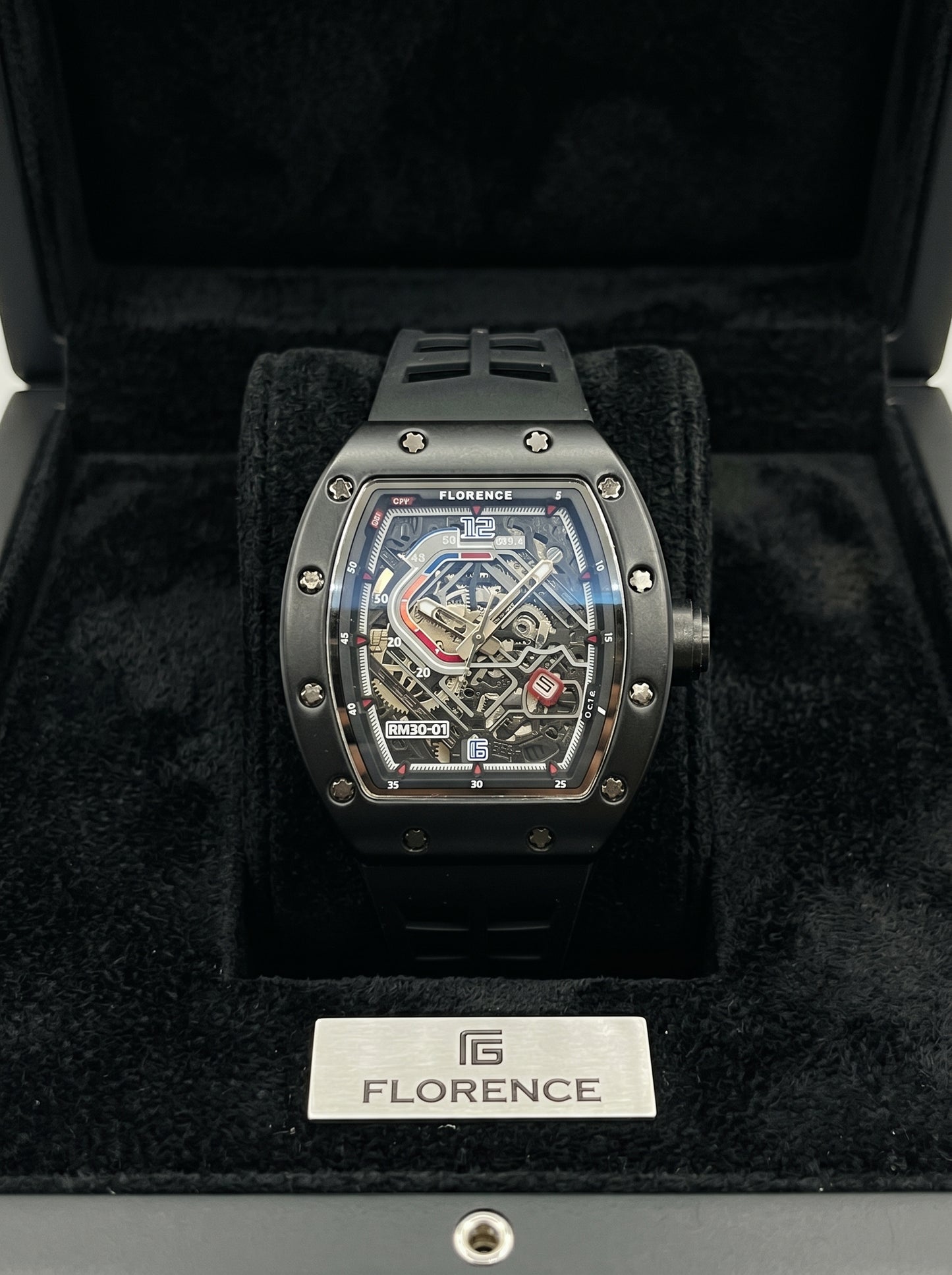 Florence RM50 Skeleton Luxury Sports Watch – Premium Black Edition with Interchangeable Straps