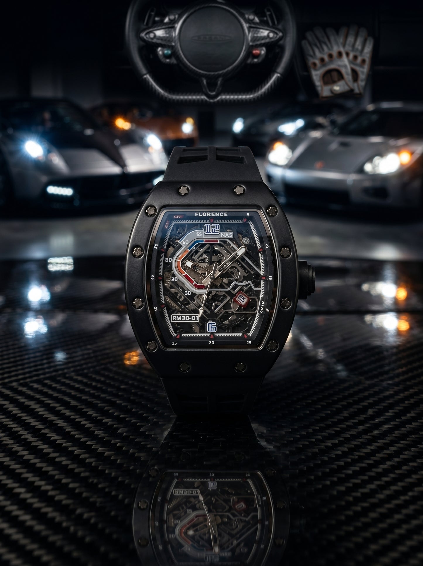 Florence RM50 Skeleton Luxury Sports Watch – Premium Black Edition with Interchangeable Straps