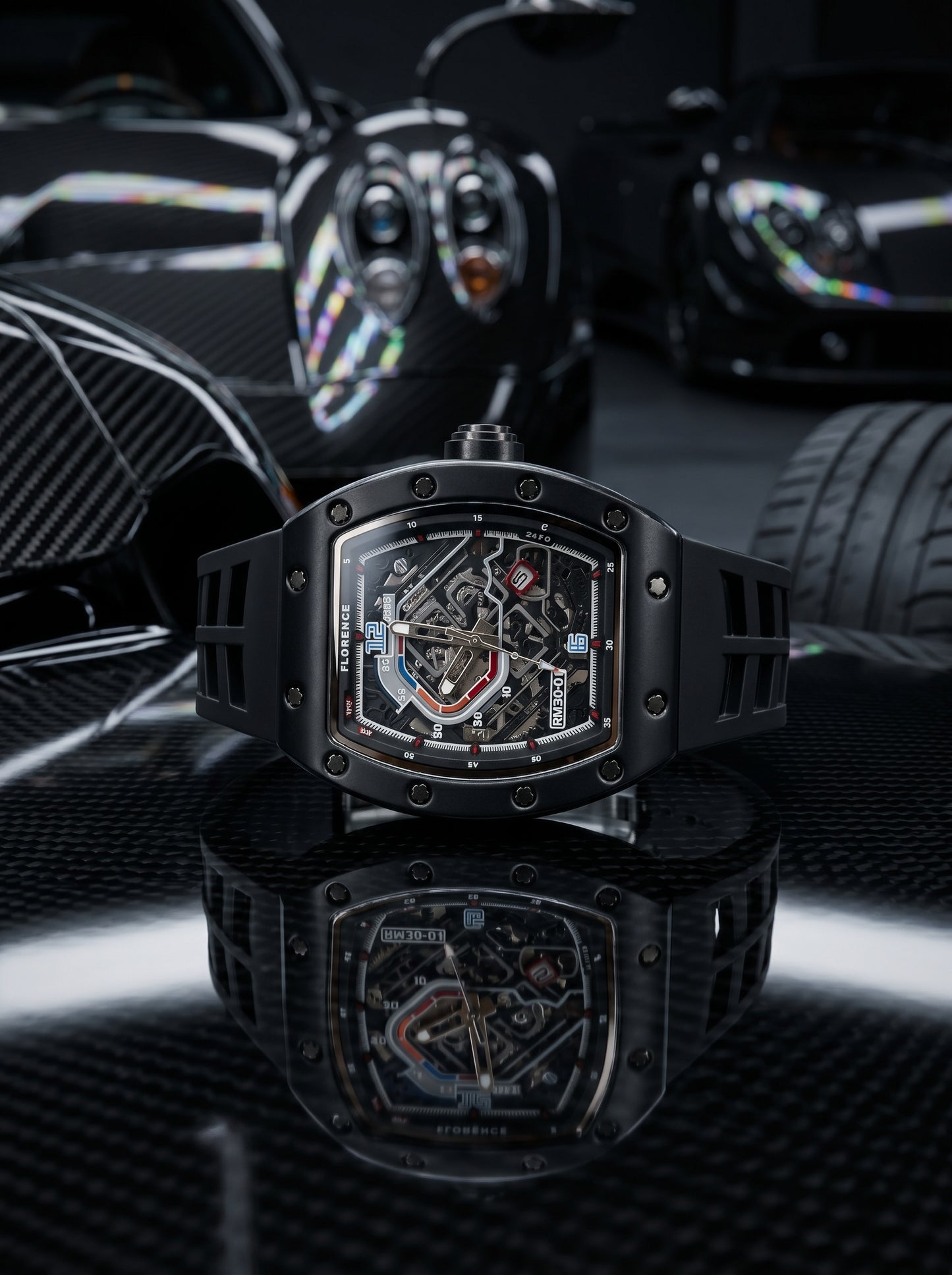 Florence RM50 Skeleton Luxury Sports Watch – Premium Black Edition with Interchangeable Straps