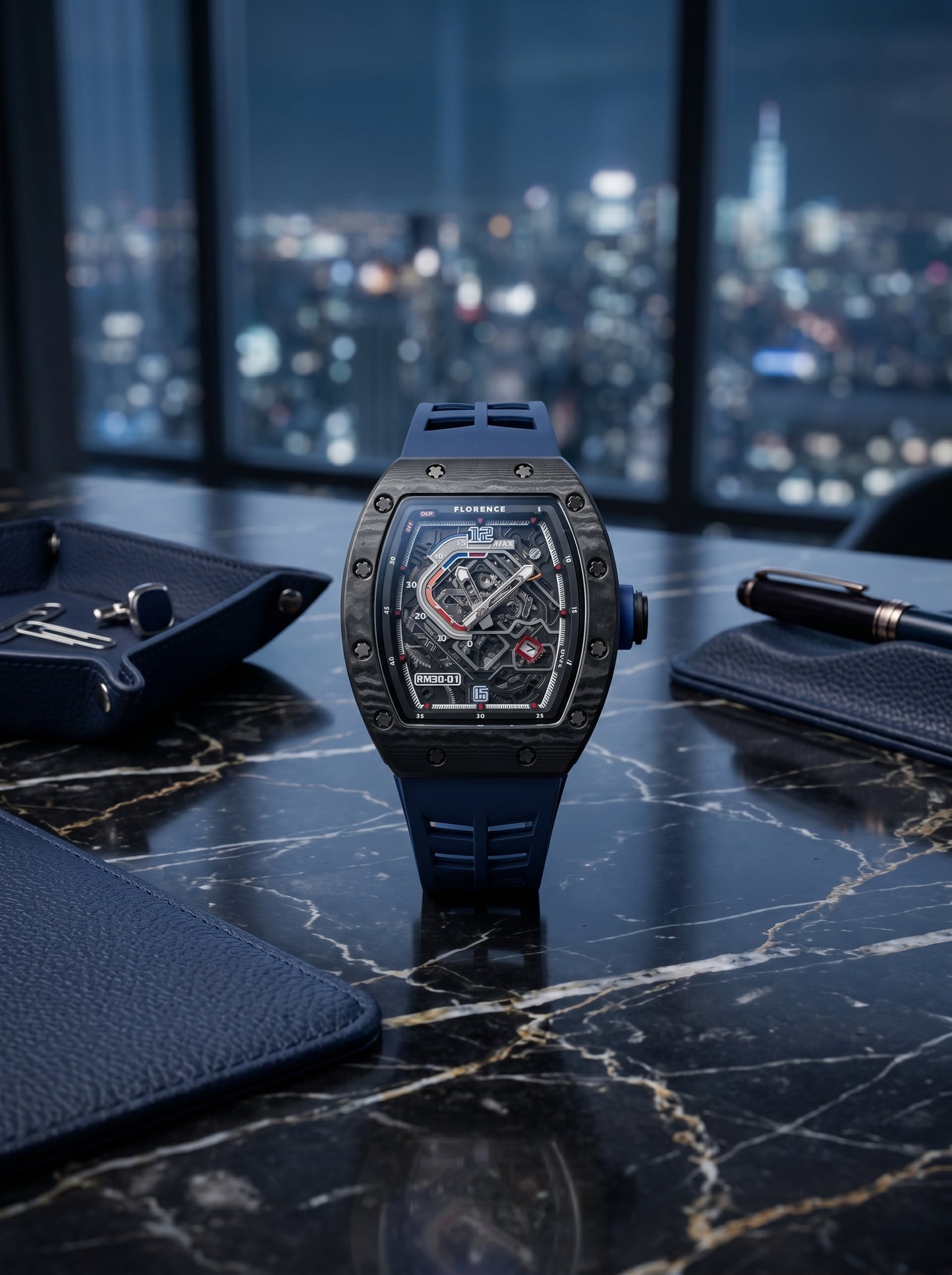 Florence RM50 Skeleton Luxury Sports Watch – Premium Blue Strap Edition
