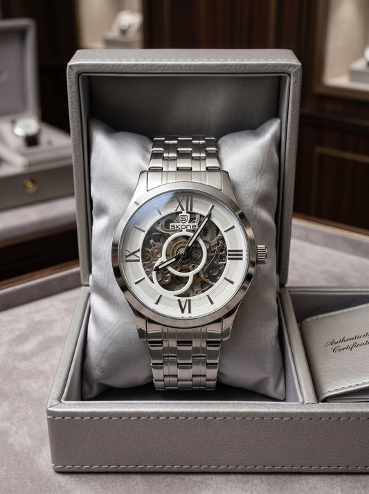 Skone Silver Skeleton Luxury Watch – Premium Stainless Steel Open Dial Timepiece