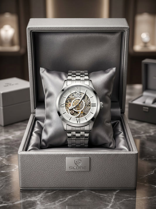 Skone Silver Skeleton Luxury Watch – Premium Stainless Steel Open Dial Timepiece