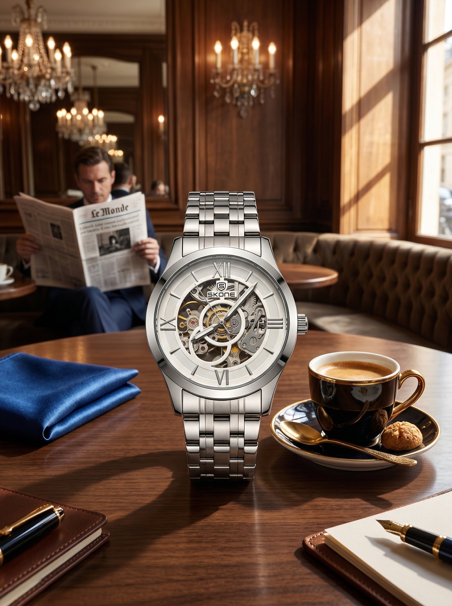 Skone Silver Skeleton Luxury Watch – Premium Stainless Steel Open Dial Timepiece