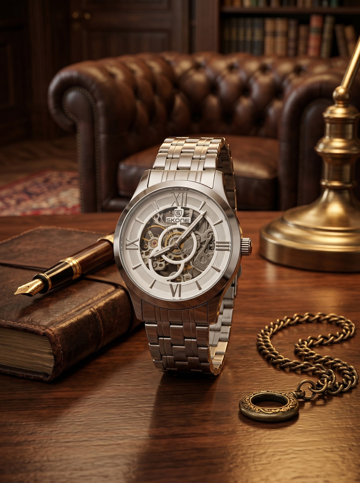 Skone Silver Skeleton Luxury Watch – Premium Stainless Steel Open Dial Timepiece