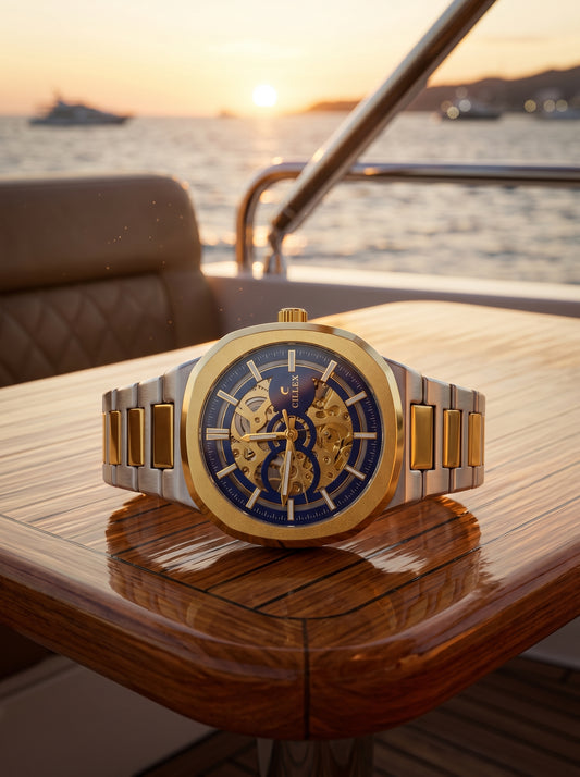 Cillex Royal Blue Skeleton Luxury Watch – Gold & Silver Edition
