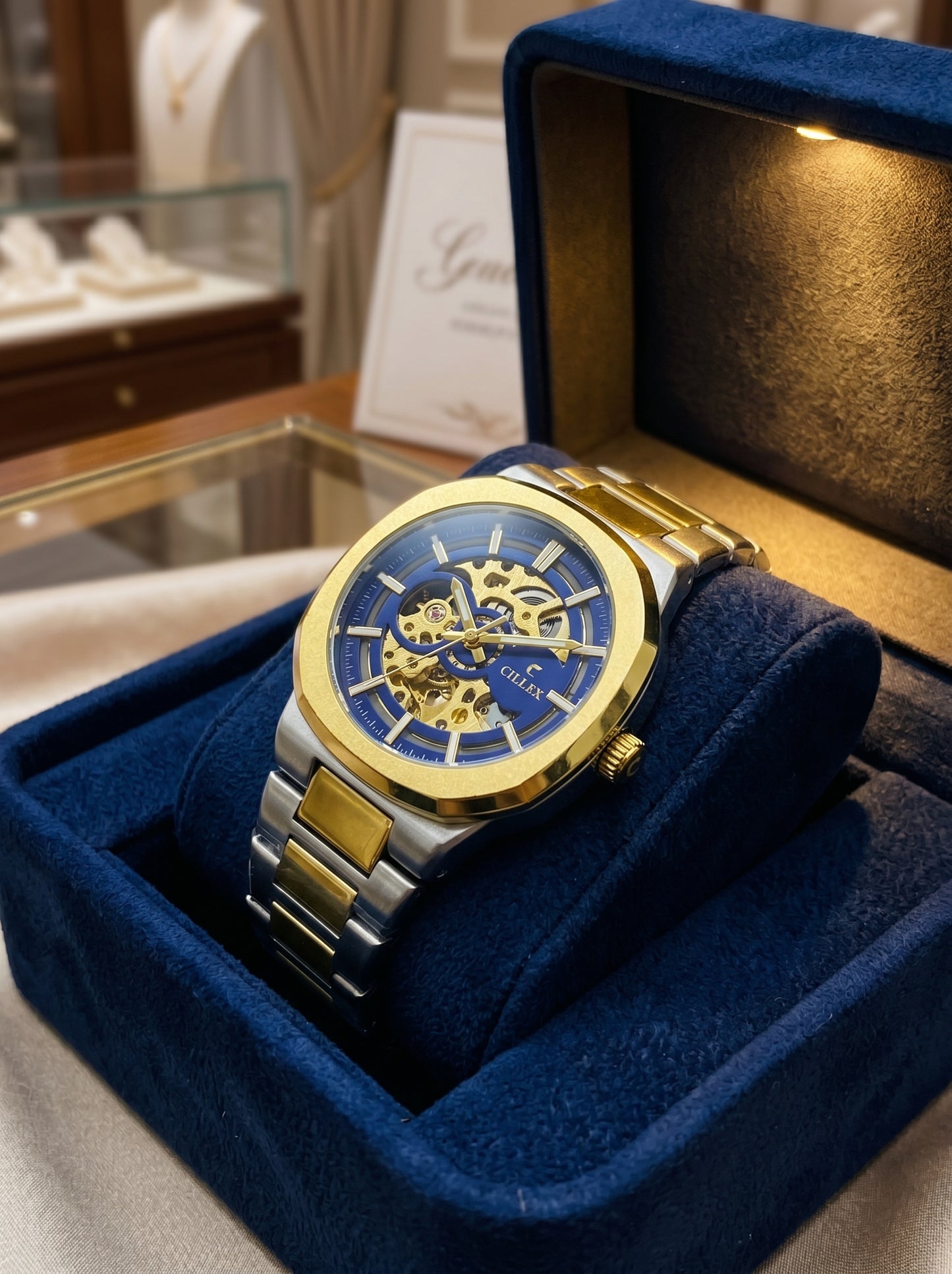 Cillex Royal Blue Skeleton Luxury Watch – Gold & Silver Edition