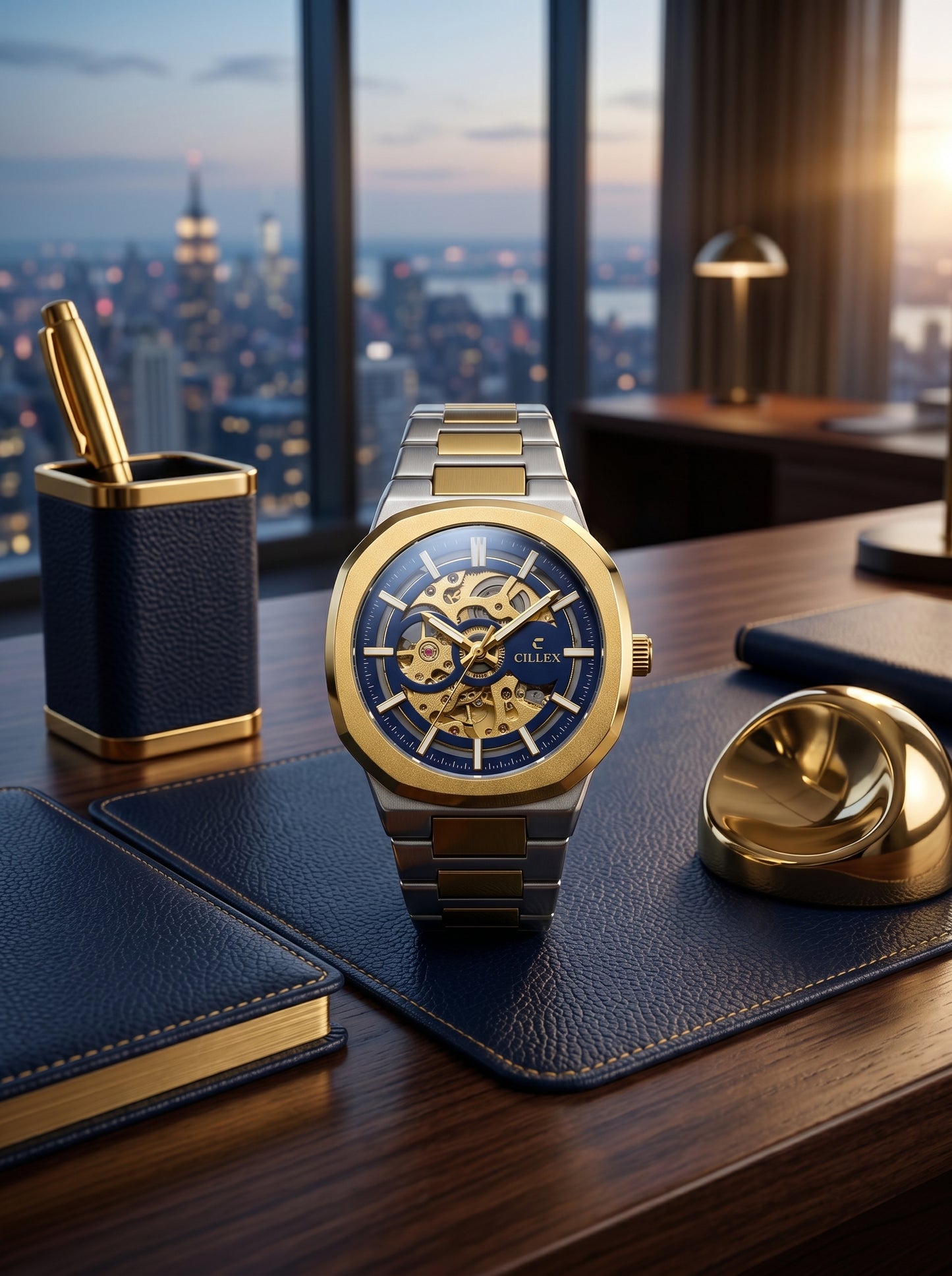 Cillex Royal Blue Skeleton Luxury Watch – Gold & Silver Edition