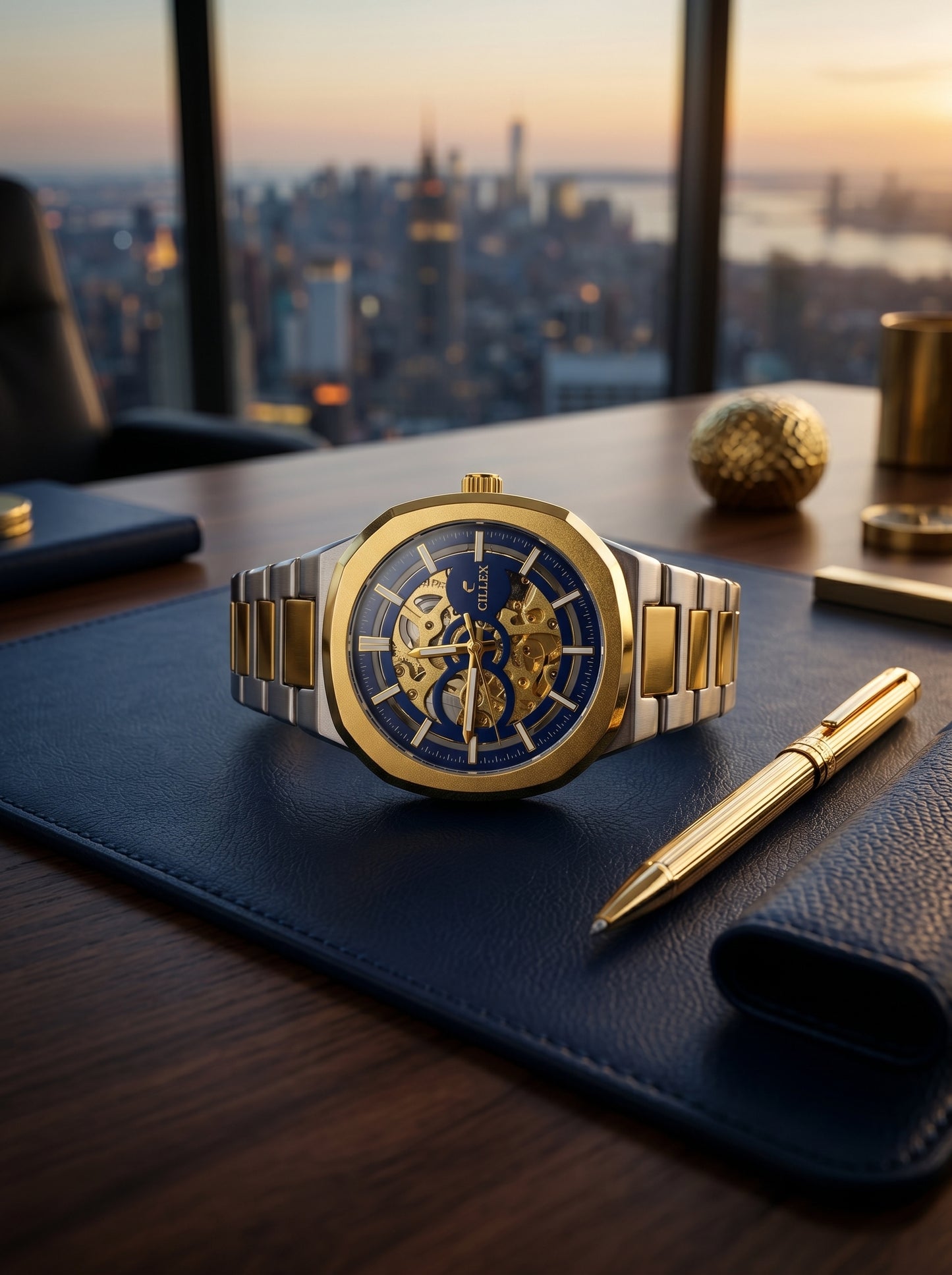 Cillex Royal Blue Skeleton Luxury Watch – Gold & Silver Edition