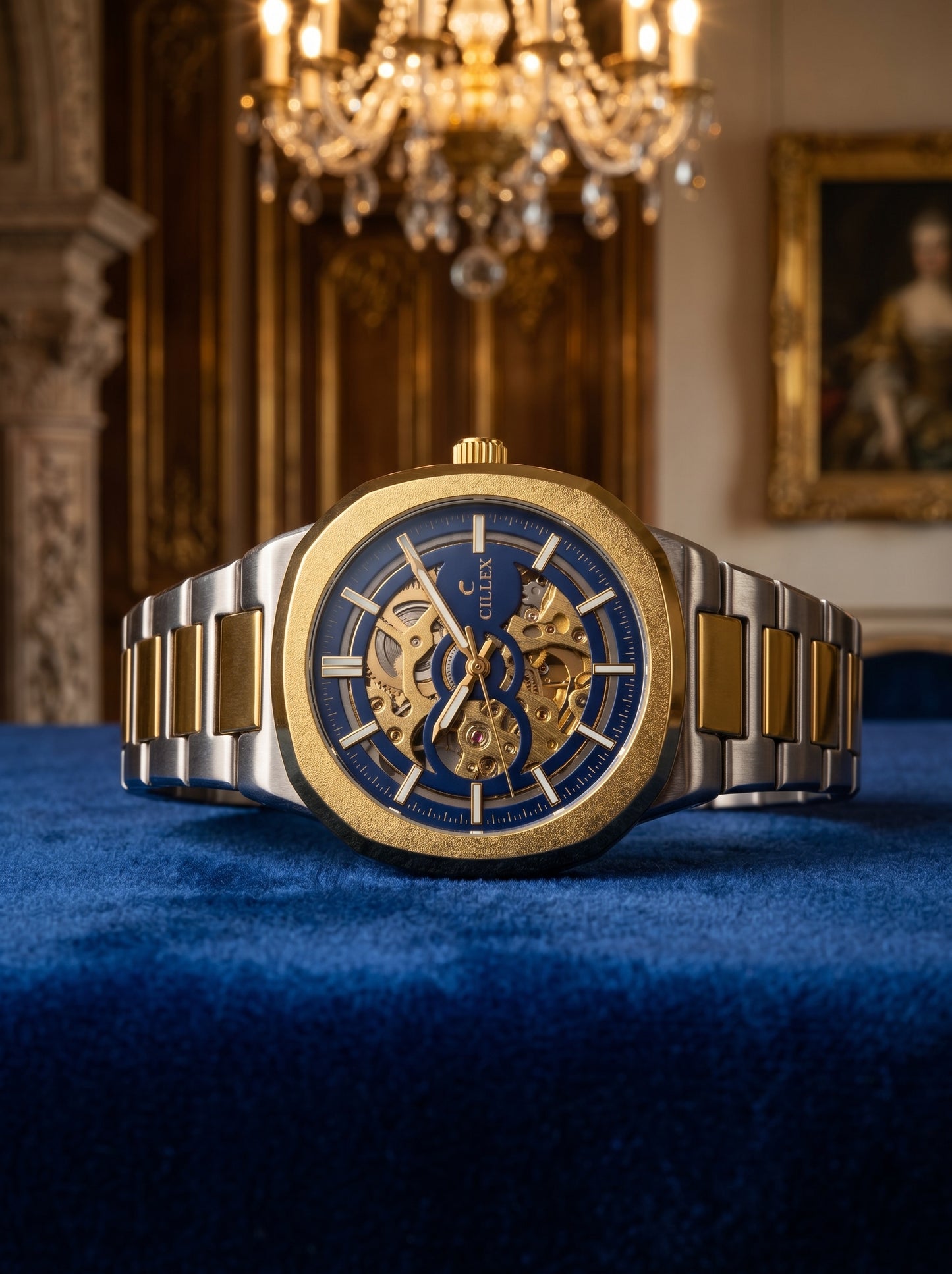 Cillex Royal Blue Skeleton Luxury Watch – Gold & Silver Edition