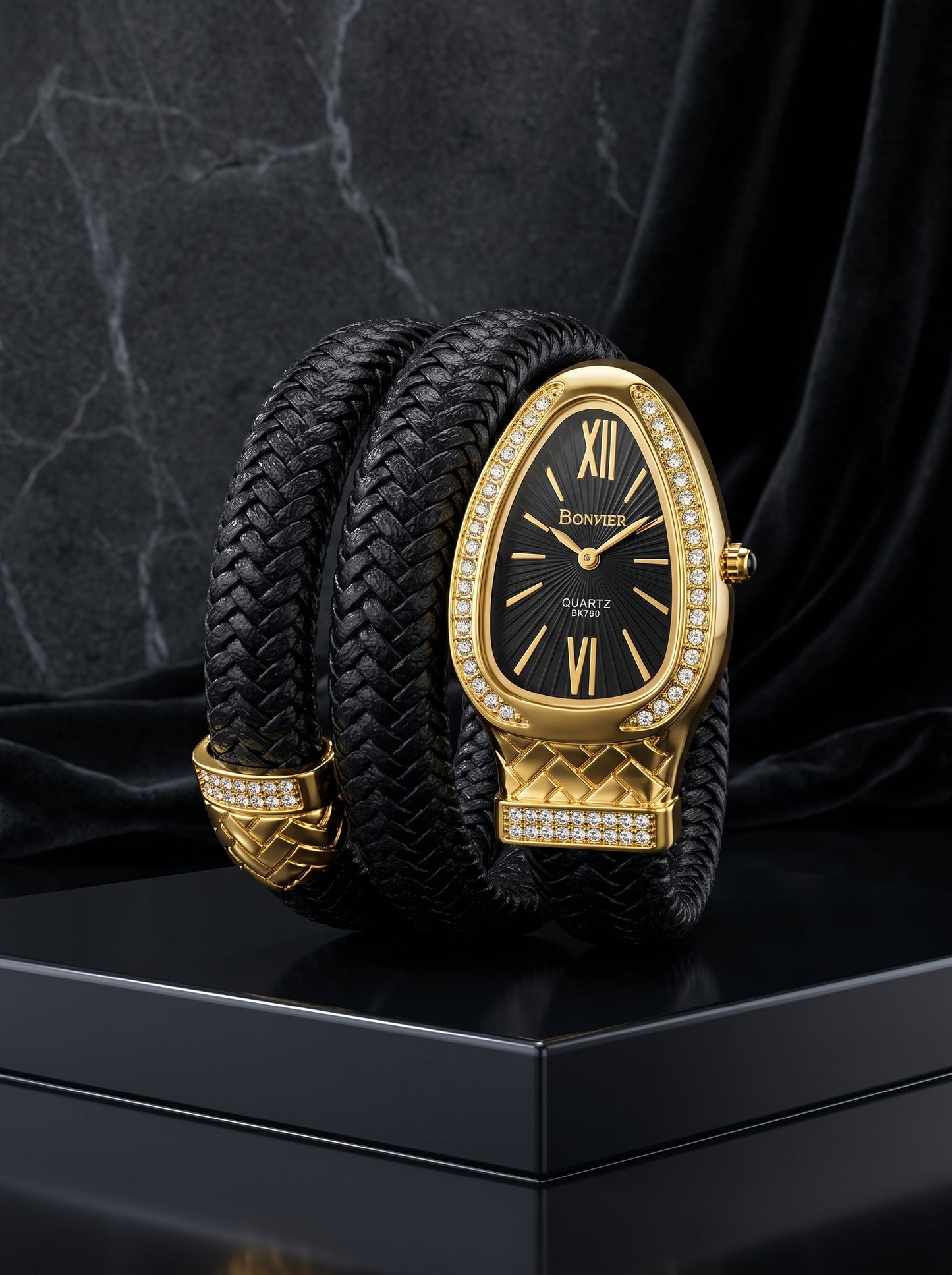 Bonvier Black & Gold Luxury Wrap Watch for Women