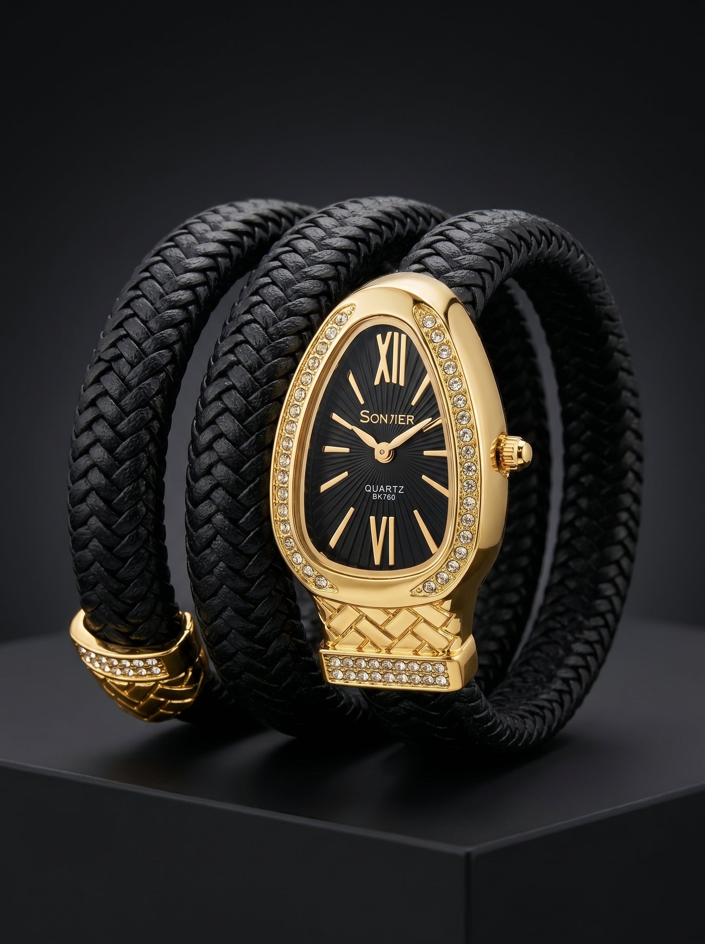 Bonvier Black & Gold Luxury Wrap Watch for Women