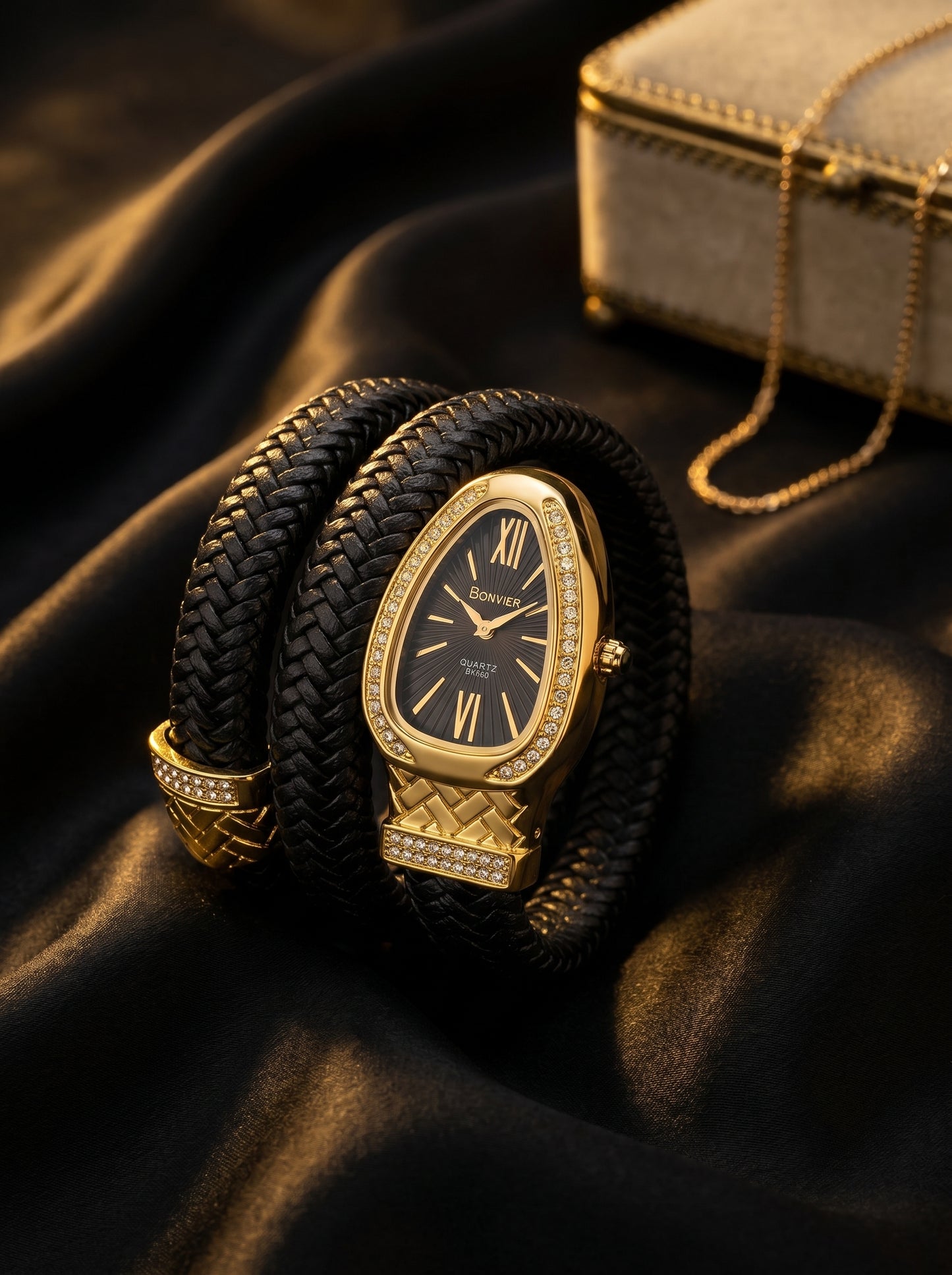 Bonvier Black & Gold Luxury Wrap Watch for Women