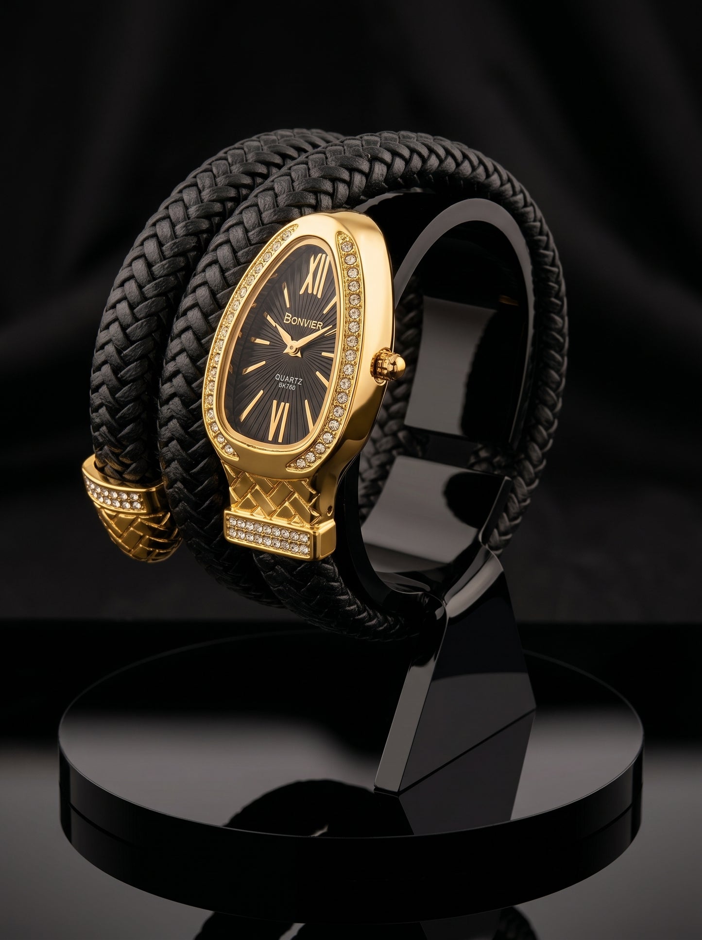 Bonvier Black & Gold Luxury Wrap Watch for Women