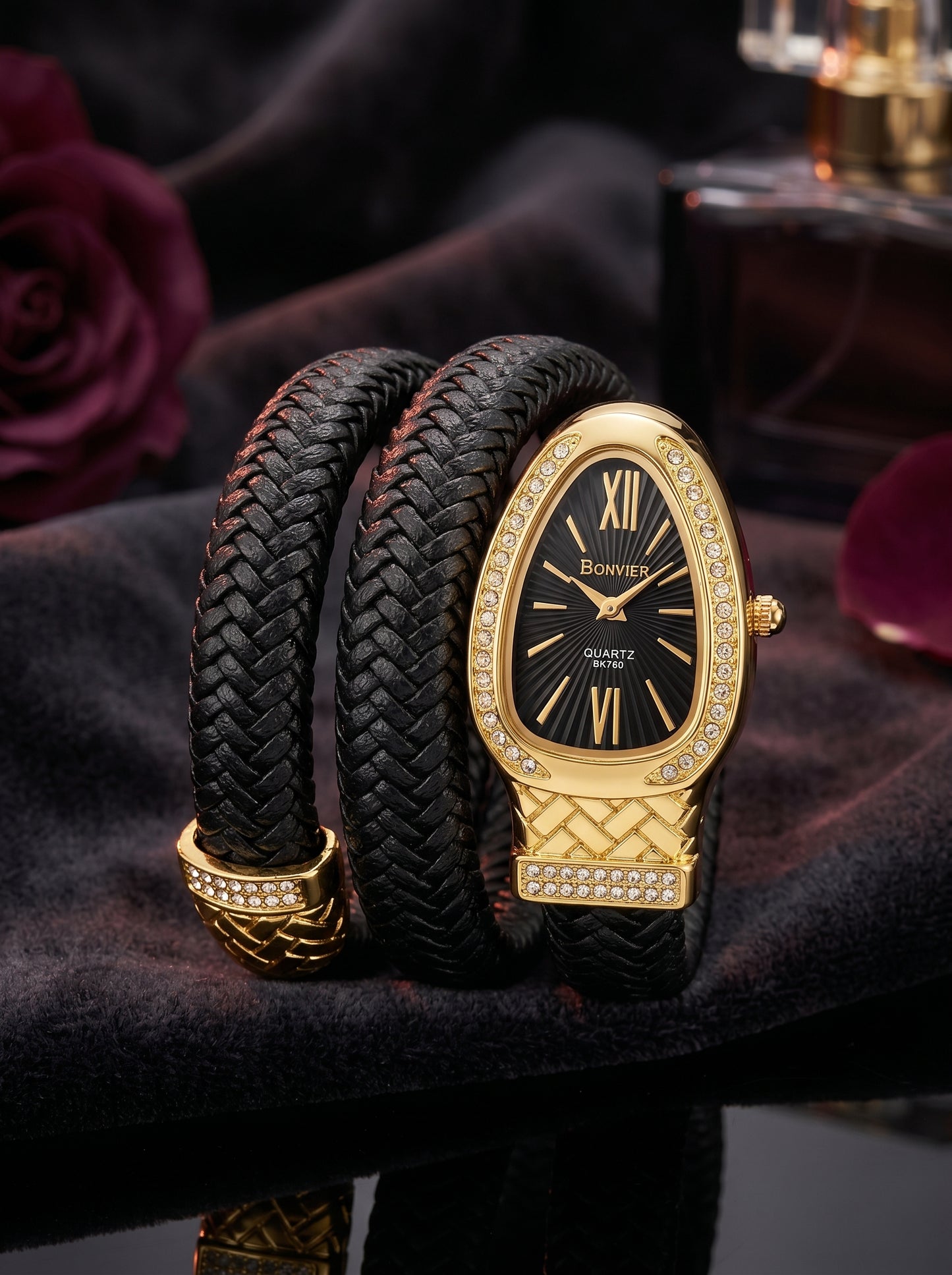 Bonvier Black & Gold Luxury Wrap Watch for Women