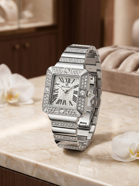 Luxury Silver Diamond Square Dial Women Watch