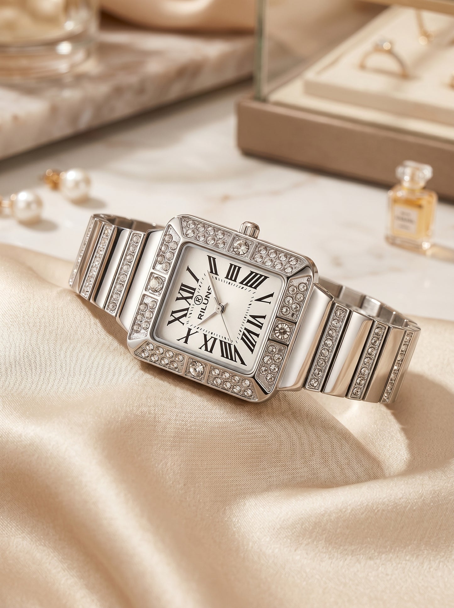 Luxury Silver Diamond Square Dial Women Watch