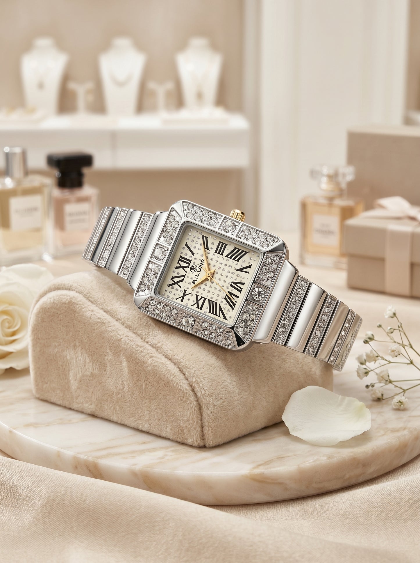 Luxury Silver Diamond Square Dial Women Watch