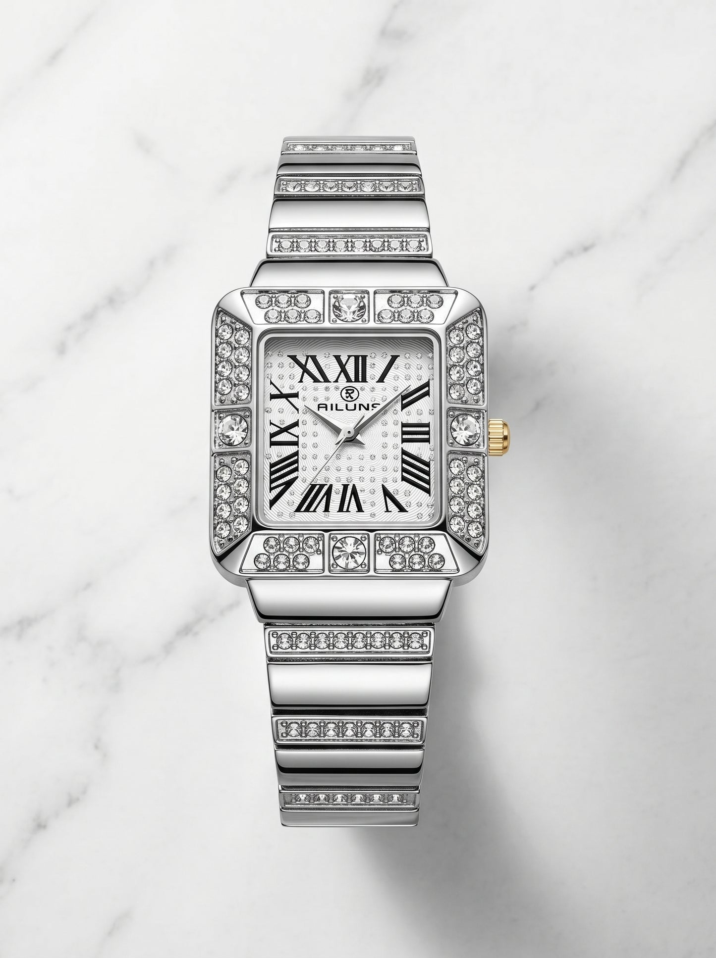 Luxury Silver Diamond Square Dial Women Watch