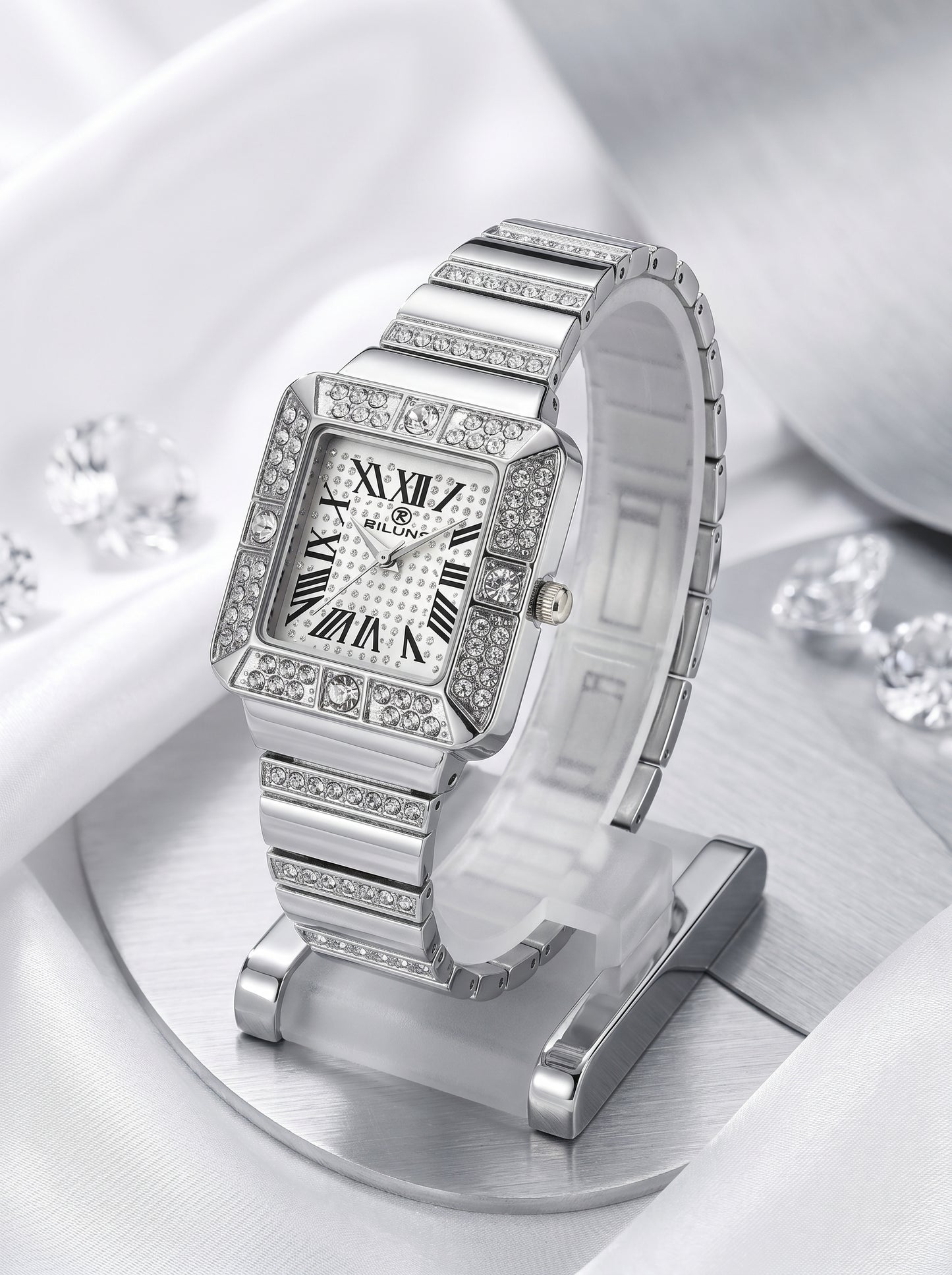 Luxury Silver Diamond Square Dial Women Watch