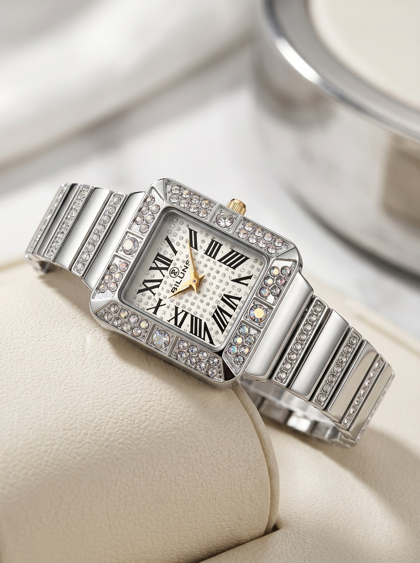 Luxury Silver Diamond Square Dial Women Watch