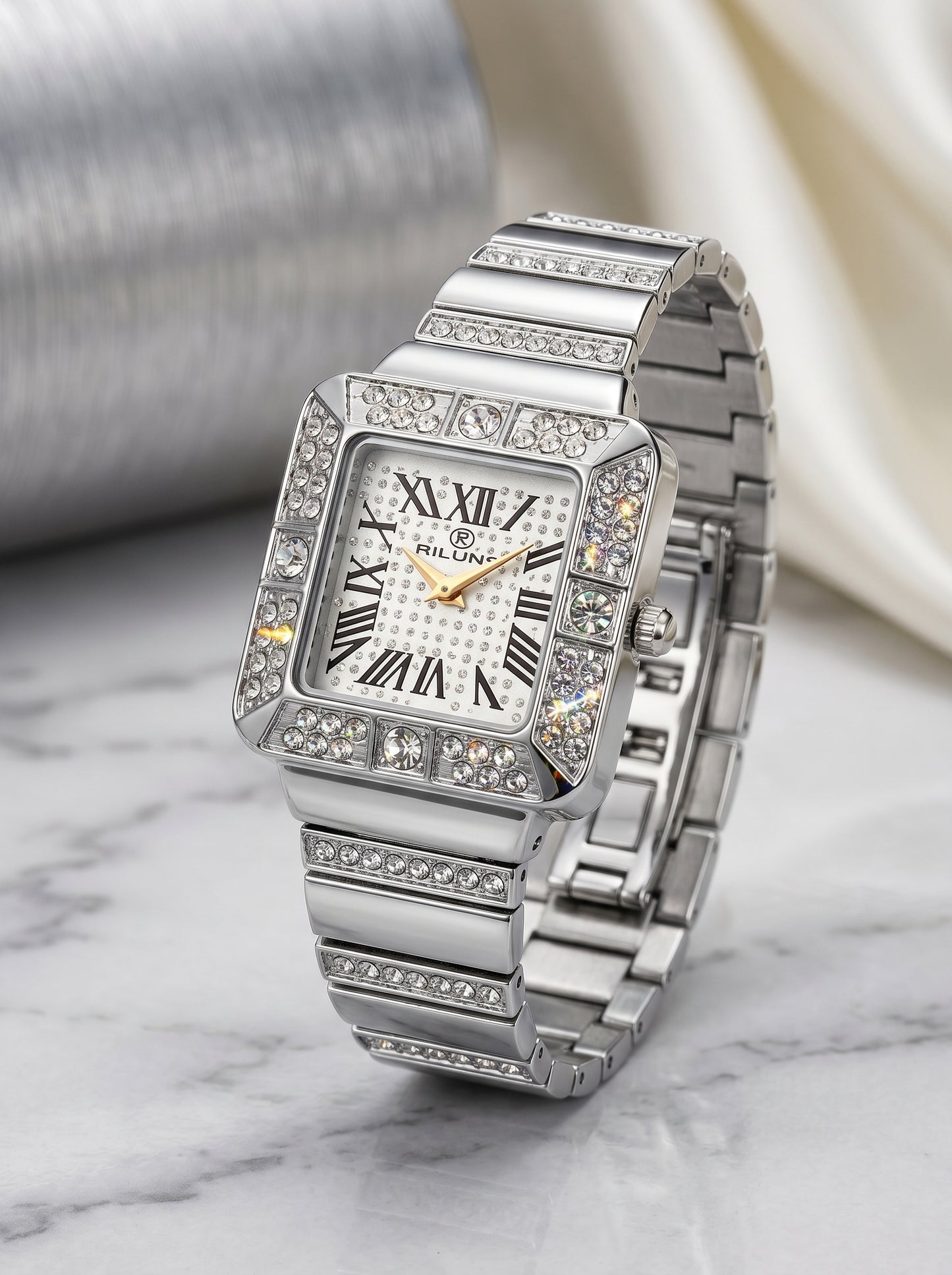 Luxury Silver Diamond Square Dial Women Watch