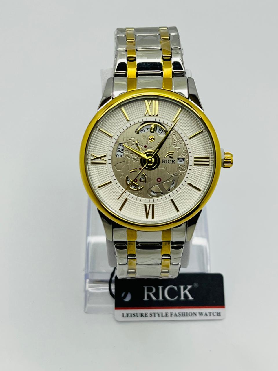 Rick Luxury Skeleton Two-Tone Stainless Steel Watch – Premium White Open Dial Luxury Timepiece