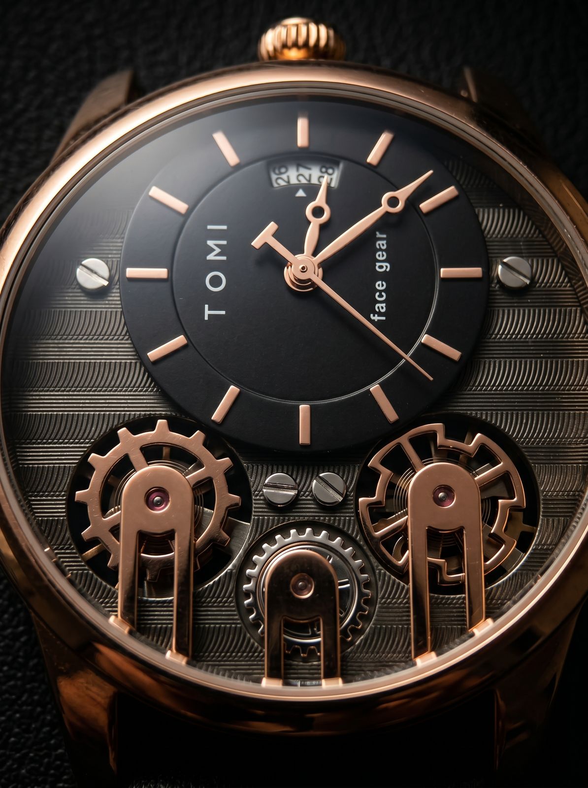 TOMI Face Gear Rose Gold Skeleton Watch
